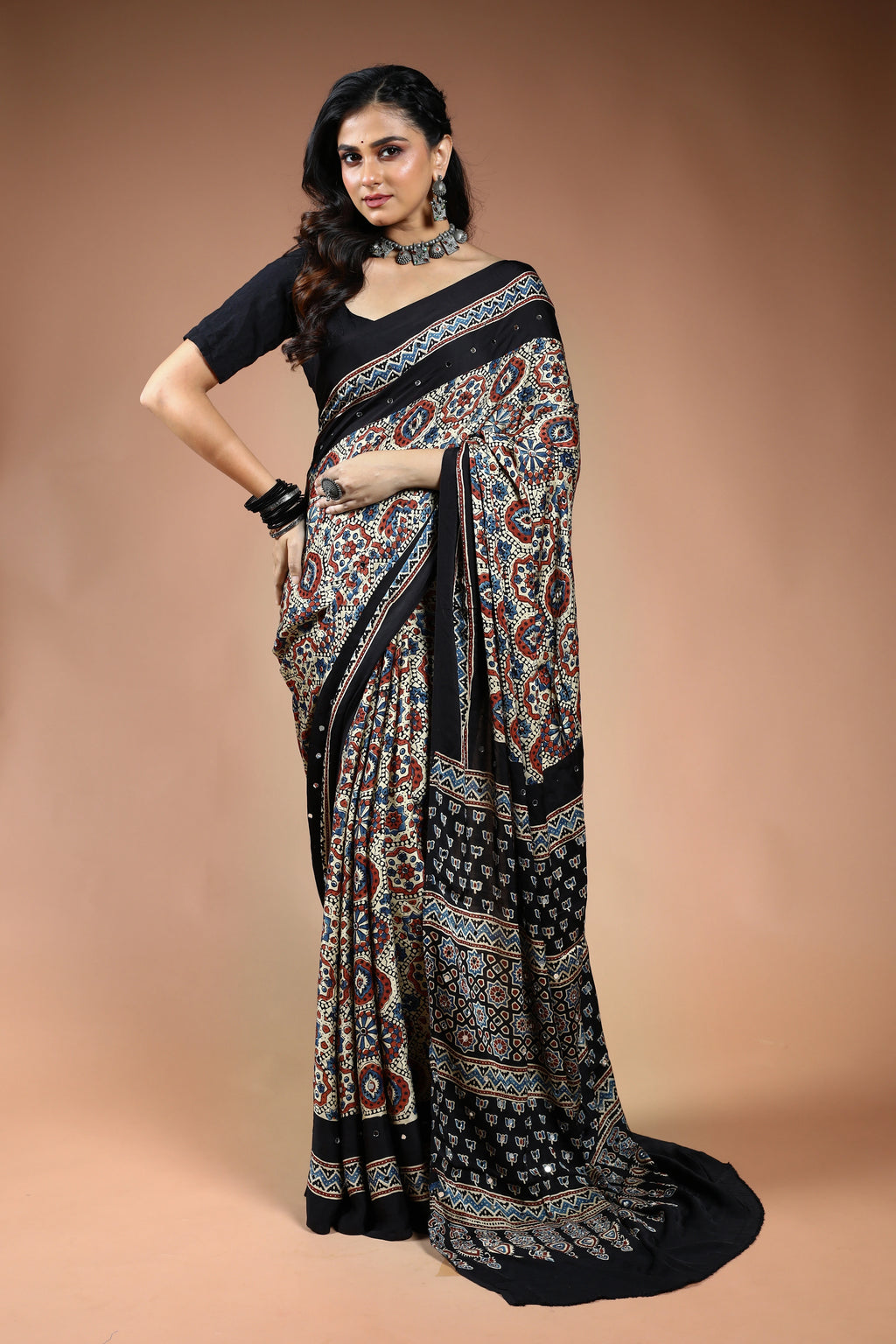 Offwhite Ajrakh Modal Silk Saree with Blouse Piece