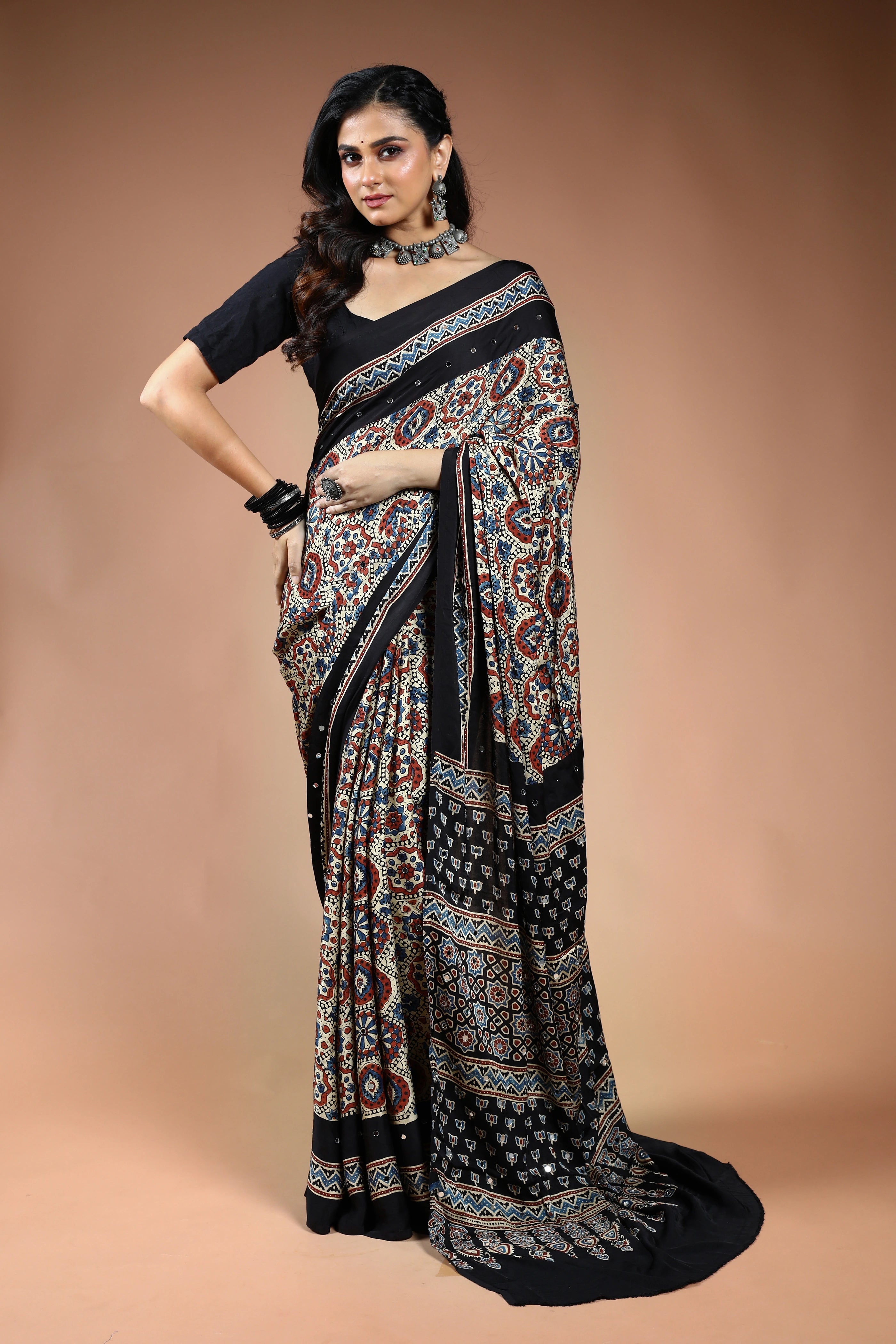 Offwhite Ajrakh Modal Silk Saree with Blouse Piece