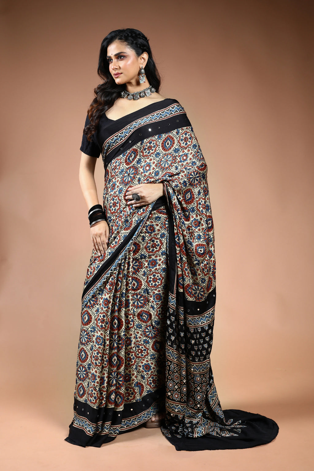 Offwhite Ajrakh Modal Silk Saree with Blouse Piece