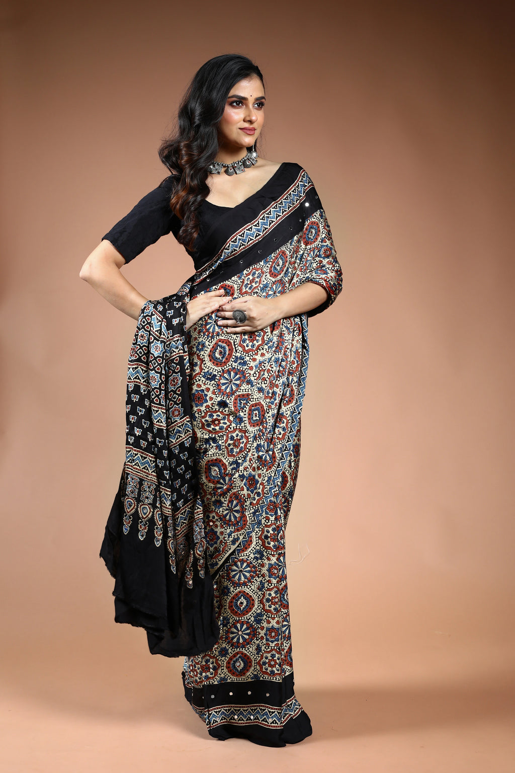 Offwhite Ajrakh Modal Silk Saree with Blouse Piece