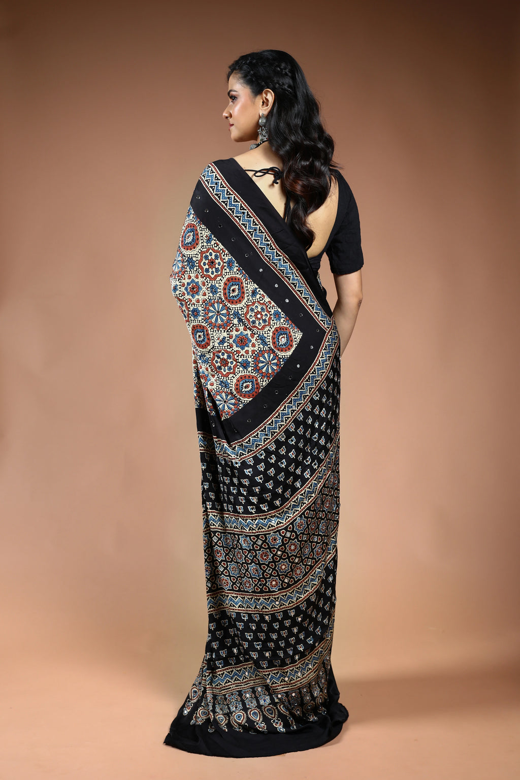 Offwhite Ajrakh Modal Silk Saree with Blouse Piece