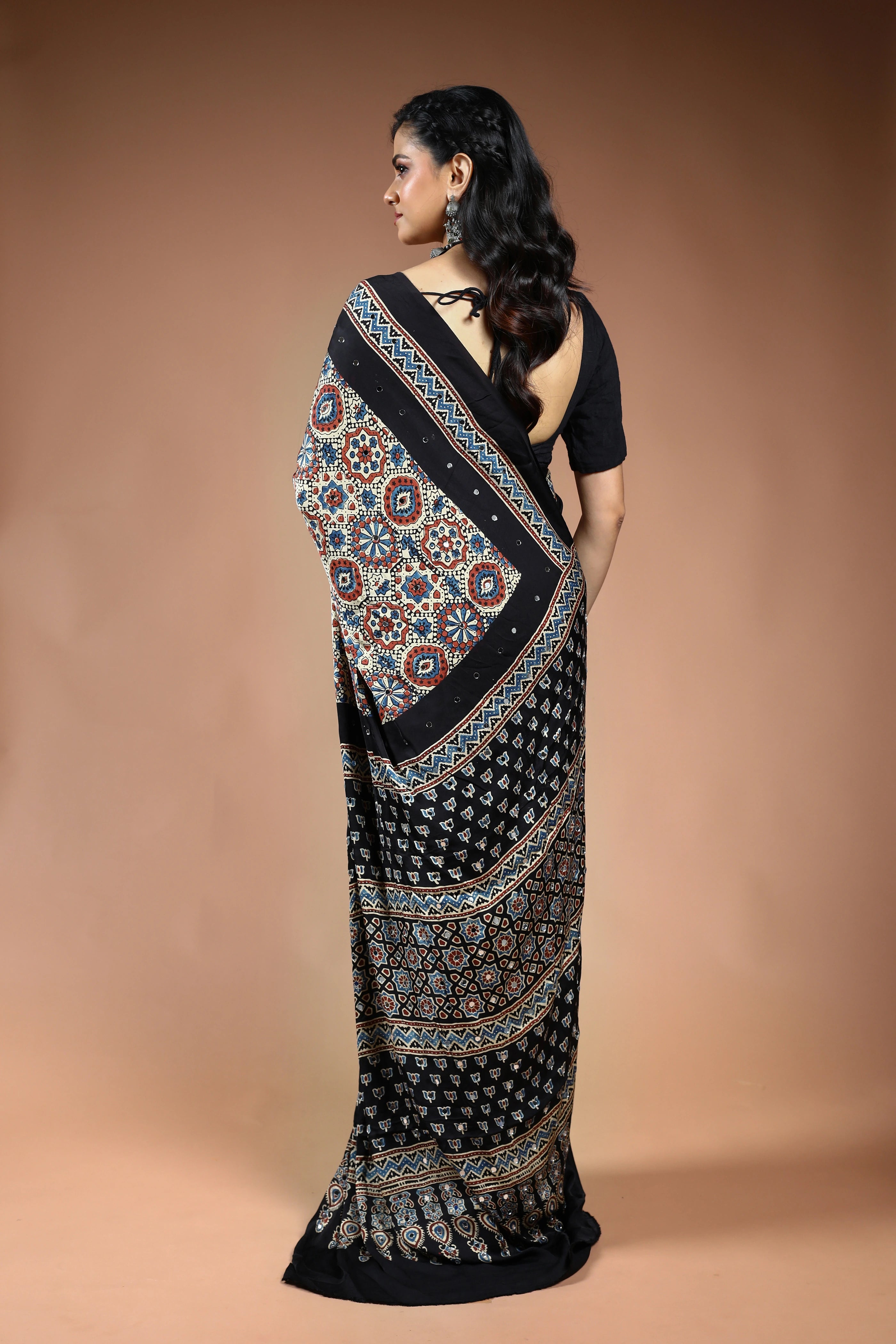 Offwhite Ajrakh Modal Silk Saree with Blouse Piece