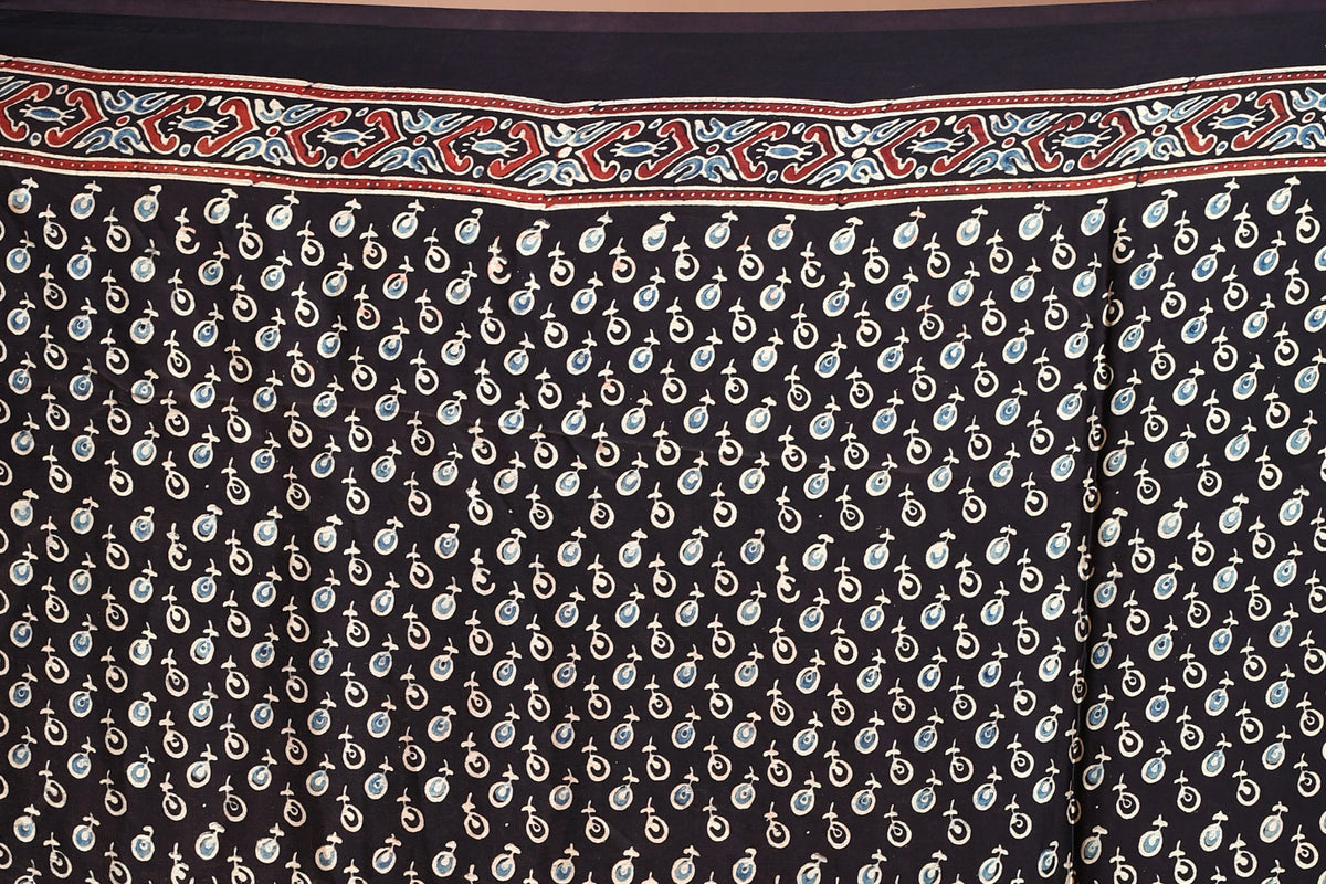 Black Ajrakh Modal Silk Saree with Blouse Piece