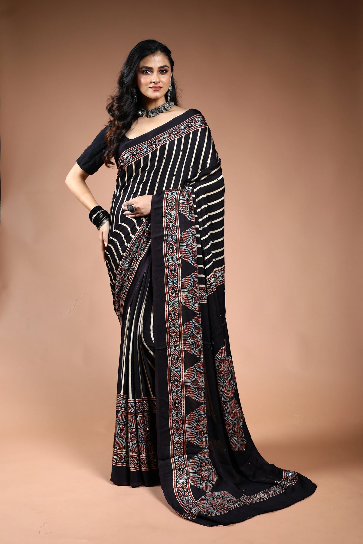 Black Ajrakh Modal Silk Saree with Blouse Piece