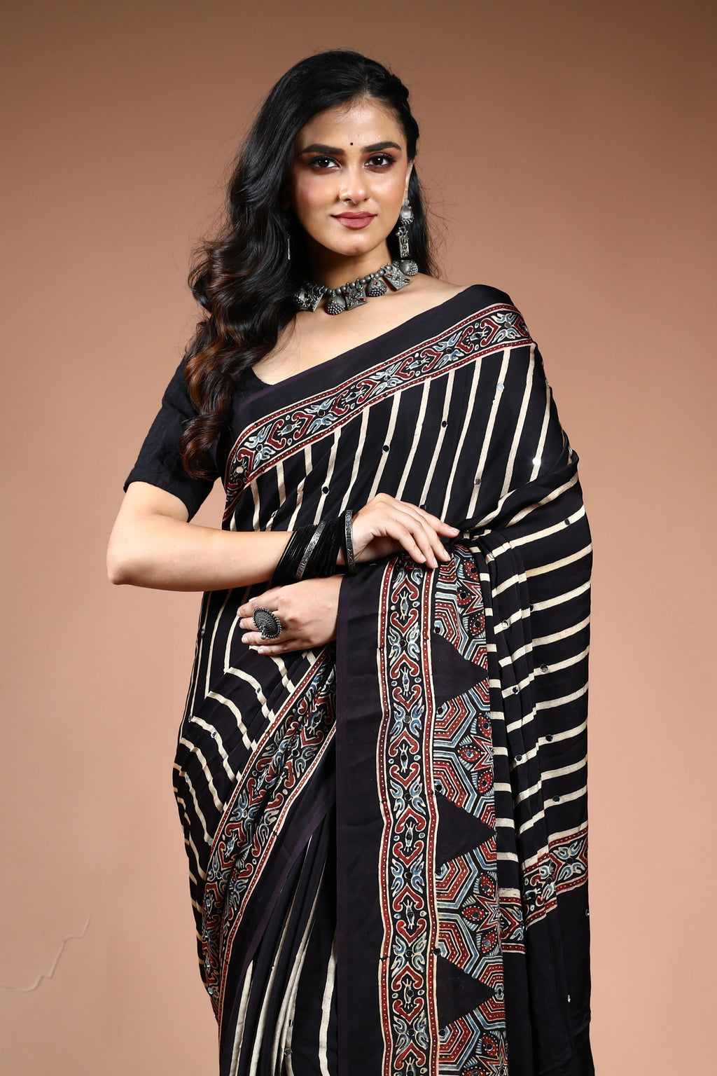 Black Ajrakh Modal Silk Saree with Blouse Piece