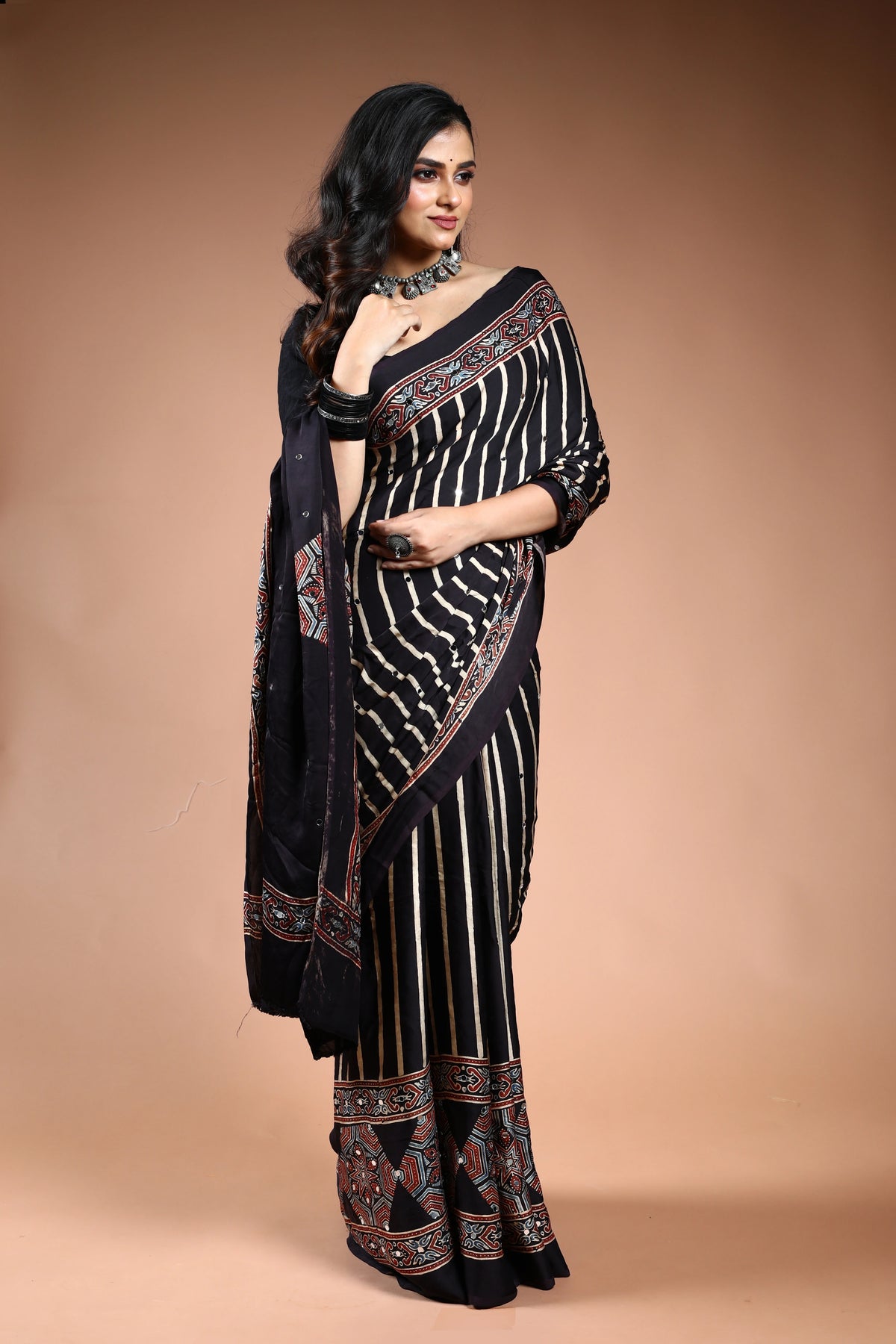 Black Ajrakh Modal Silk Saree with Blouse Piece