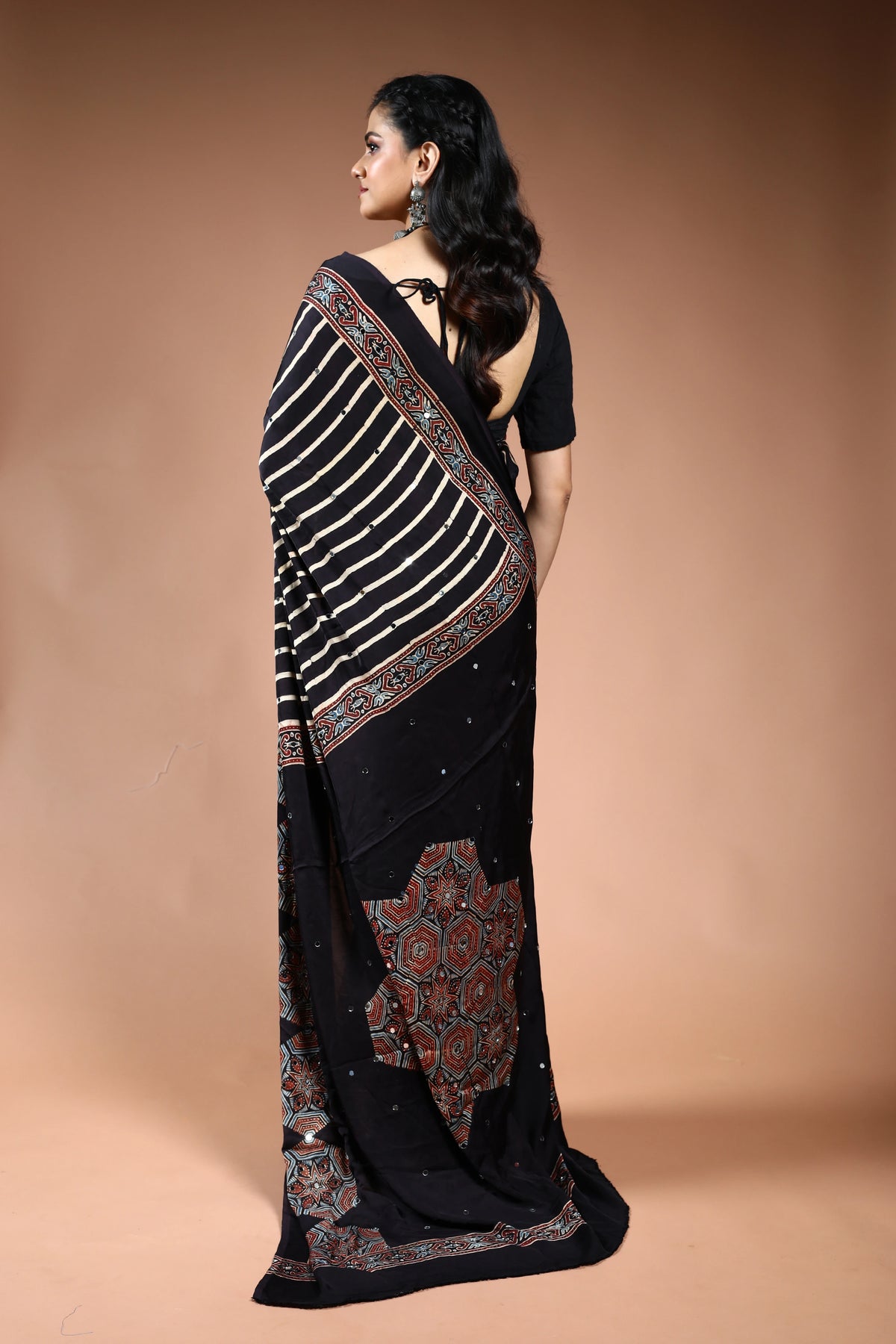 Black Ajrakh Modal Silk Saree with Blouse Piece