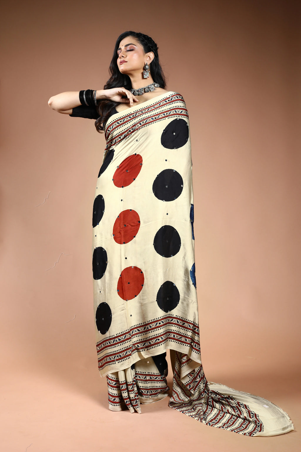 Offwhite Ajrakh Modal Silk Saree with Blouse Piece
