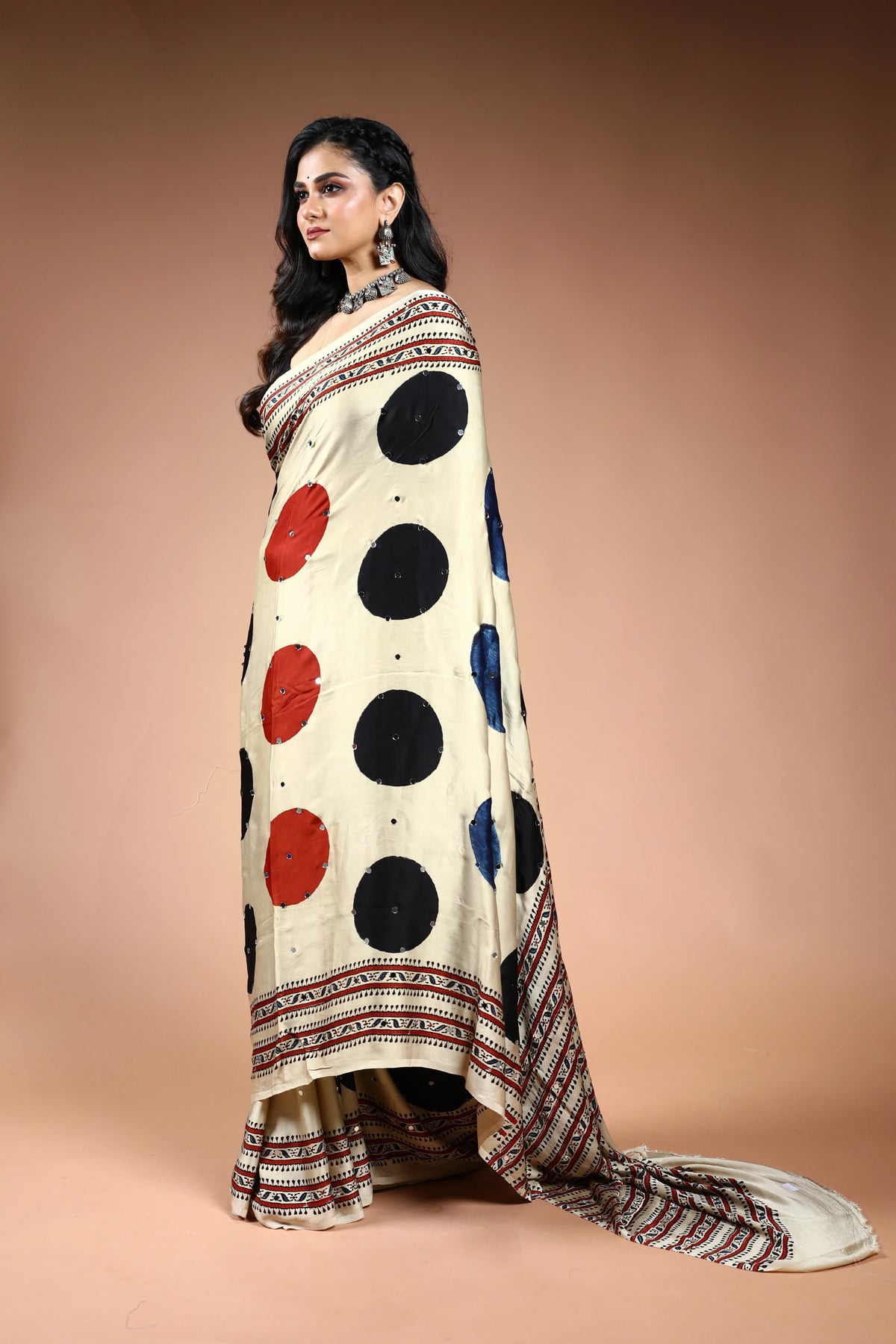 Offwhite Ajrakh Modal Silk Saree with Blouse Piece