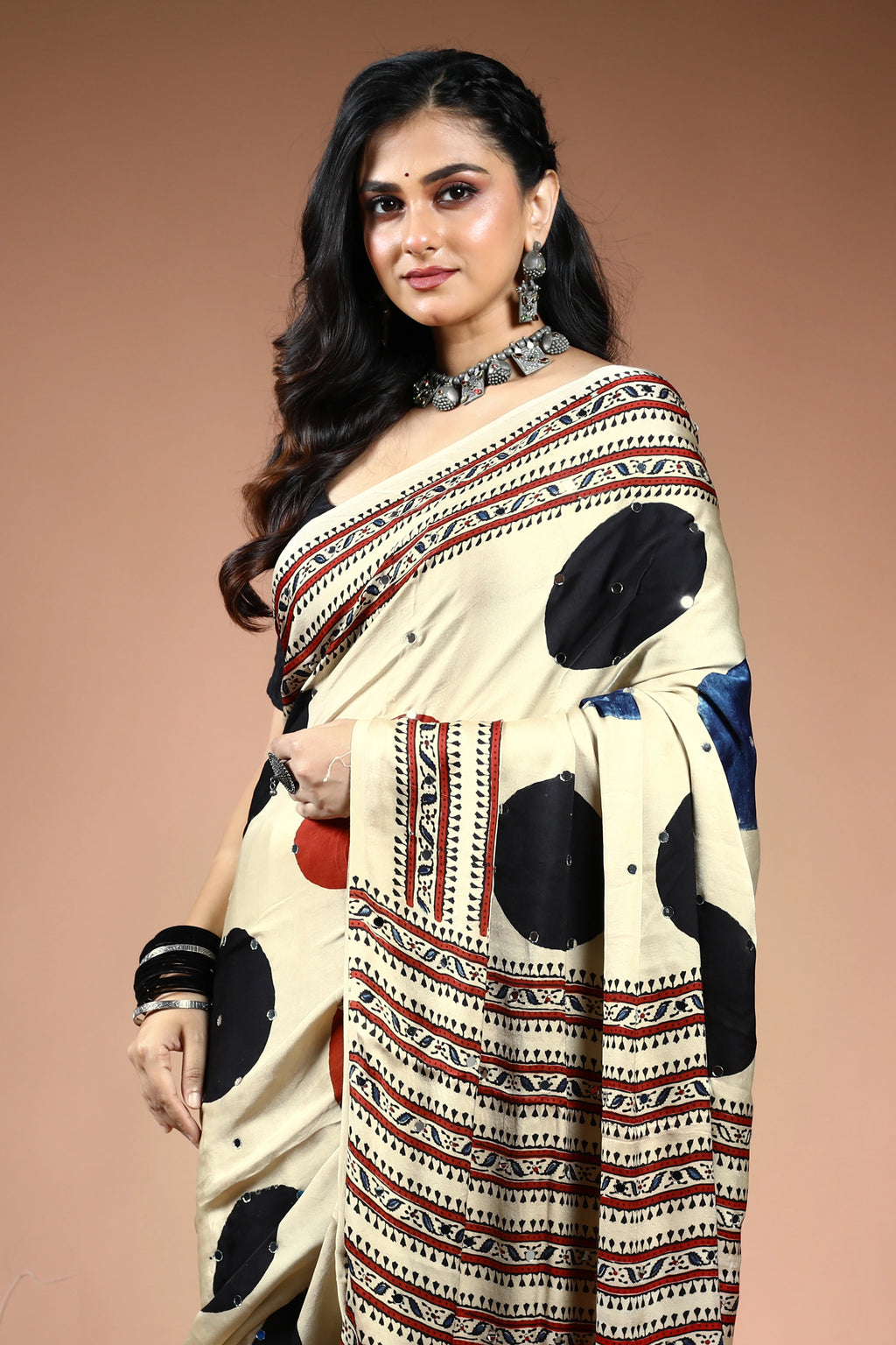 Offwhite Ajrakh Modal Silk Saree with Blouse Piece