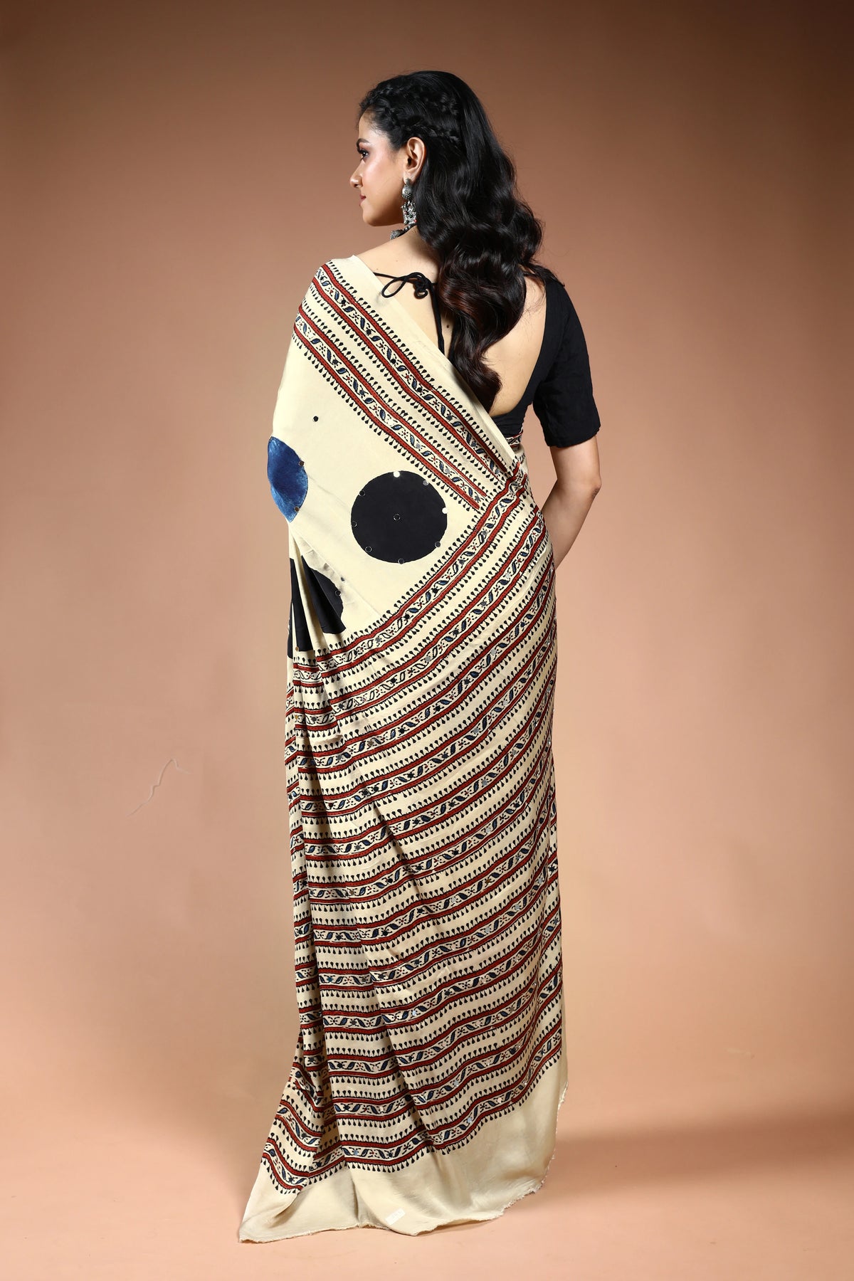 Offwhite Ajrakh Modal Silk Saree with Blouse Piece