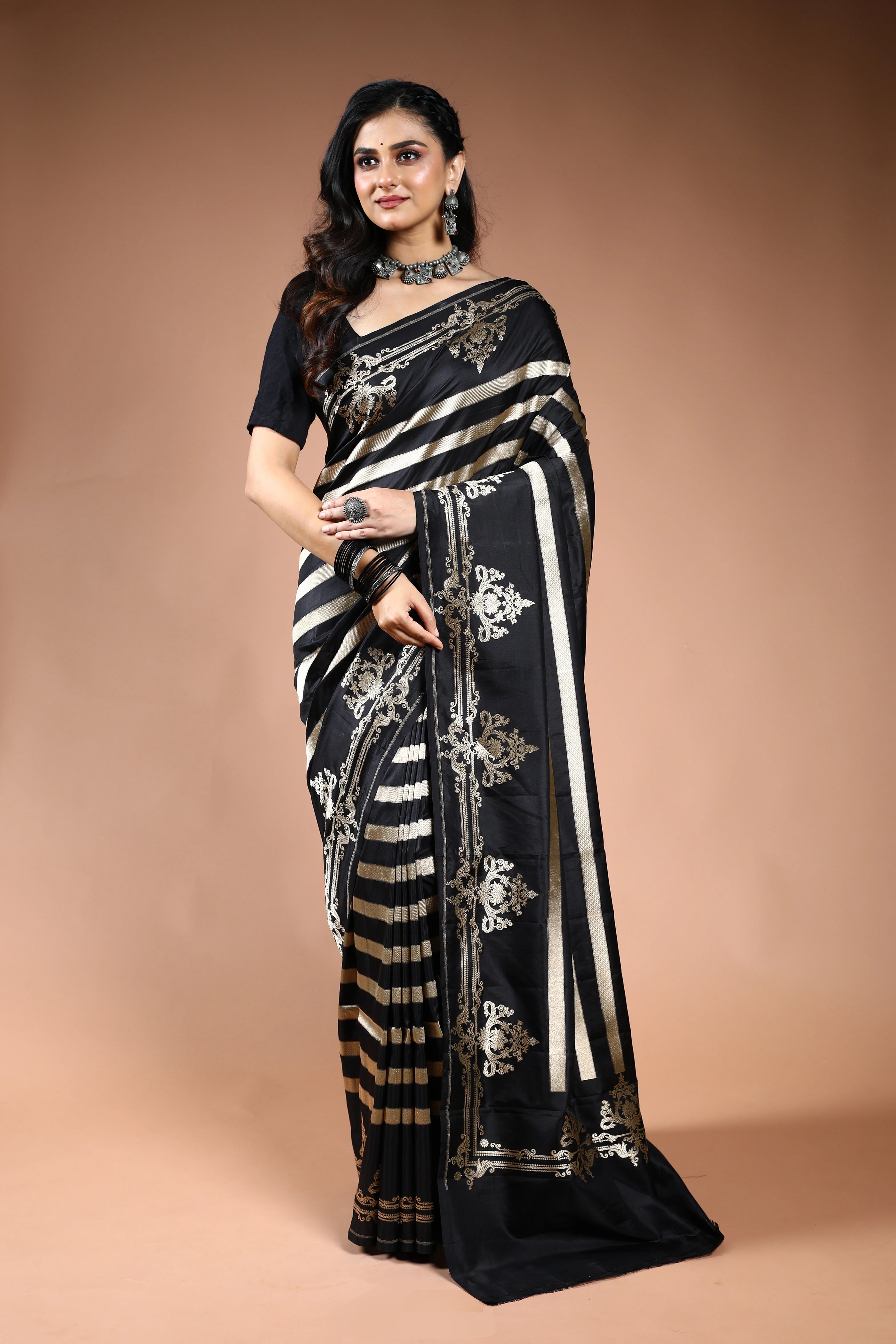Black Pure Katan Silk Saree with Blouse Piece
