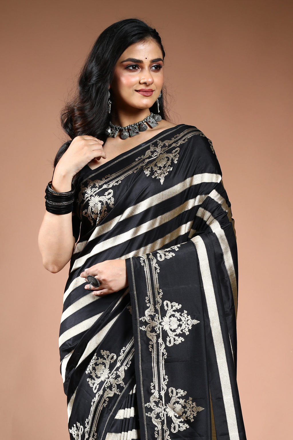 Black Pure Katan Silk Saree with Blouse Piece