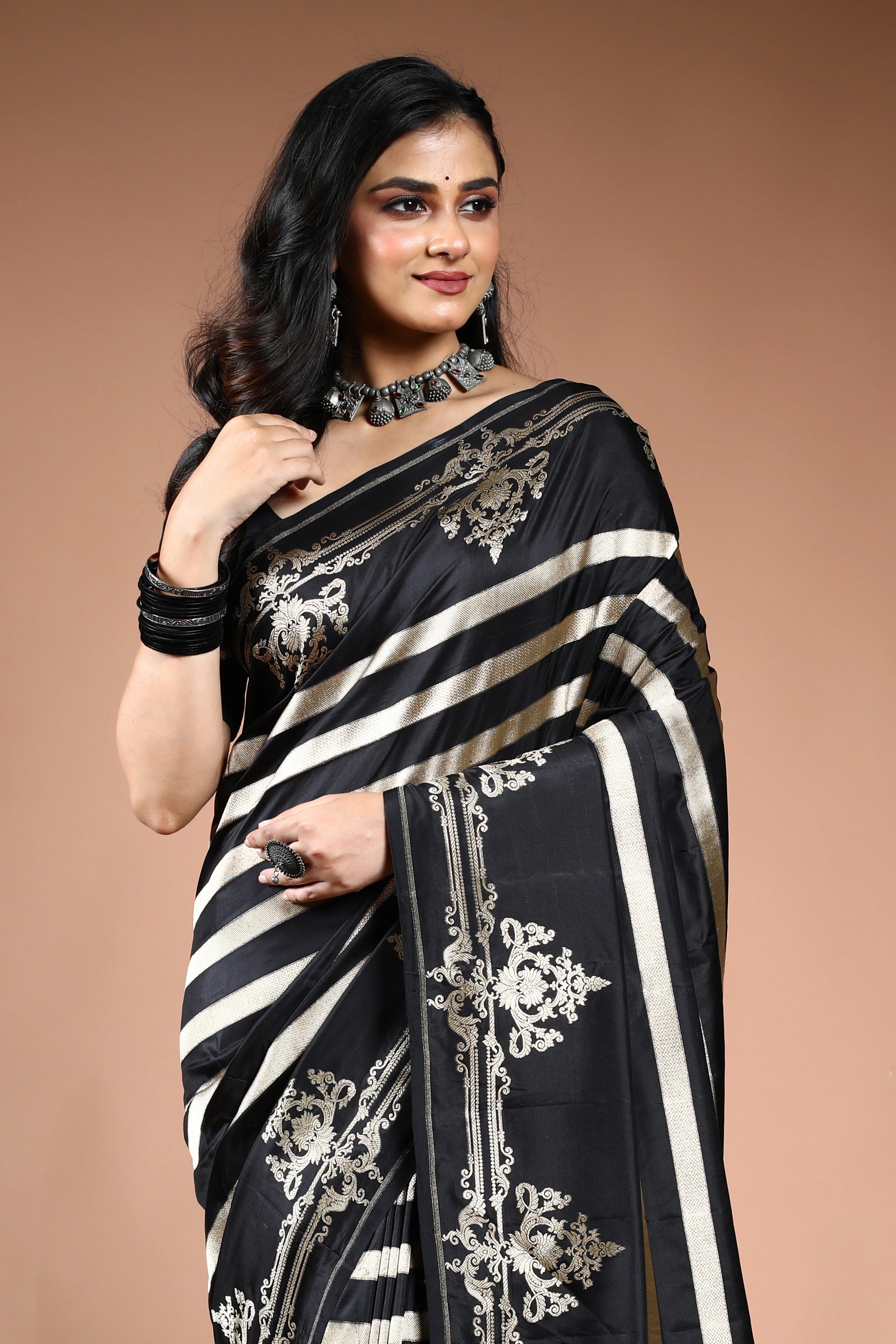 Black Pure Katan Silk Saree with Blouse Piece