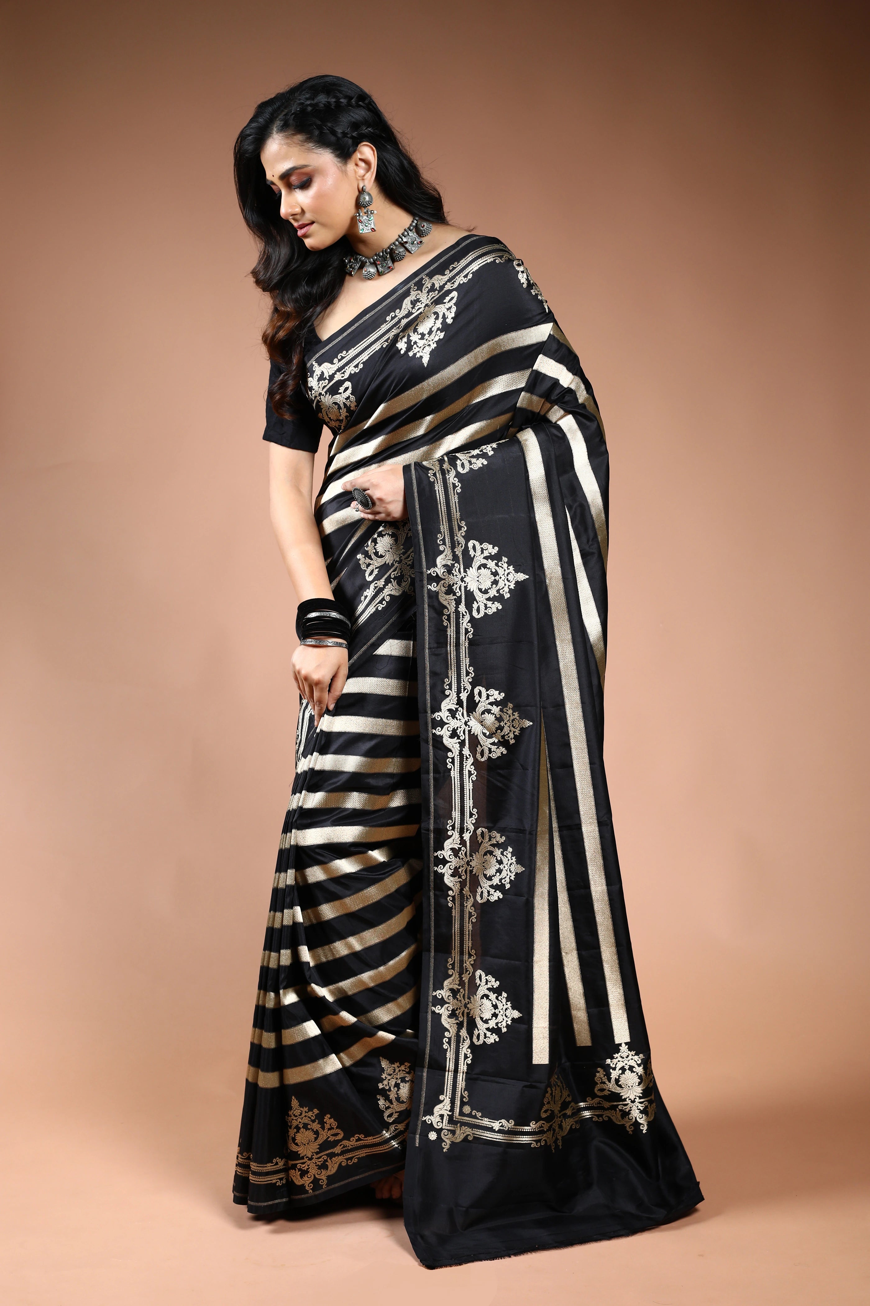Black Pure Katan Silk Saree with Blouse Piece