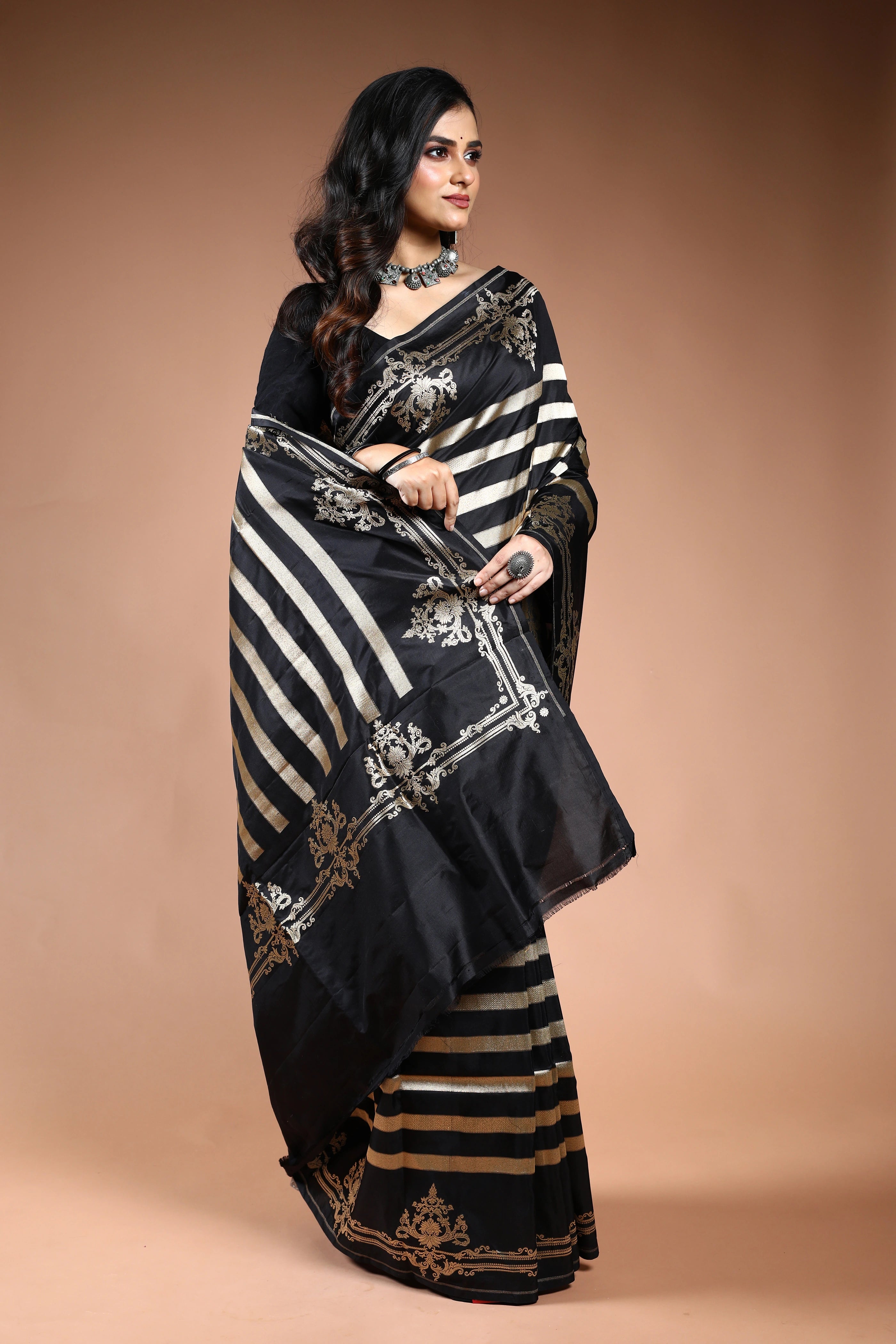 Black Pure Katan Silk Saree with Blouse Piece