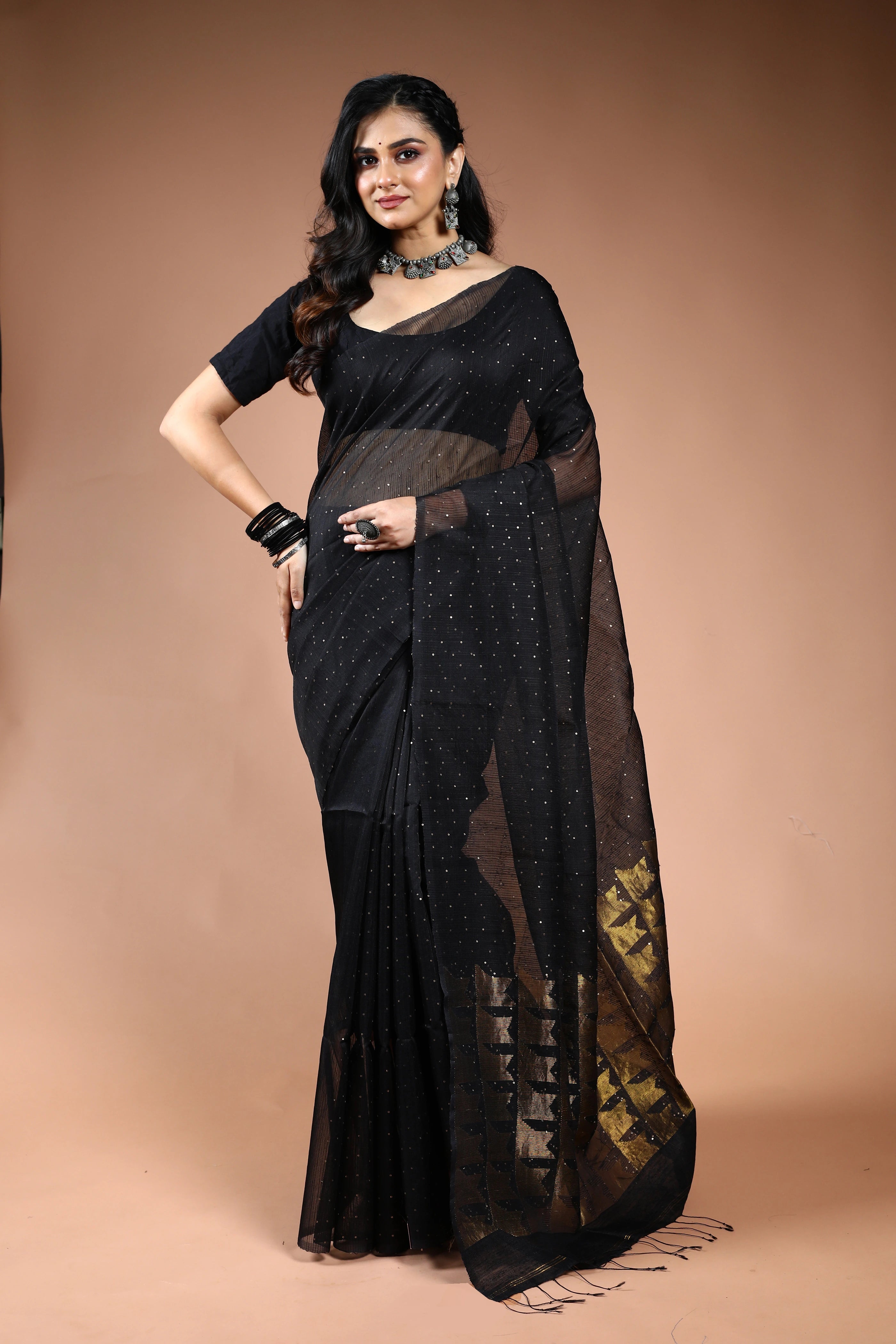 Black Muslin Sequence Work Saree with Blouse Piece