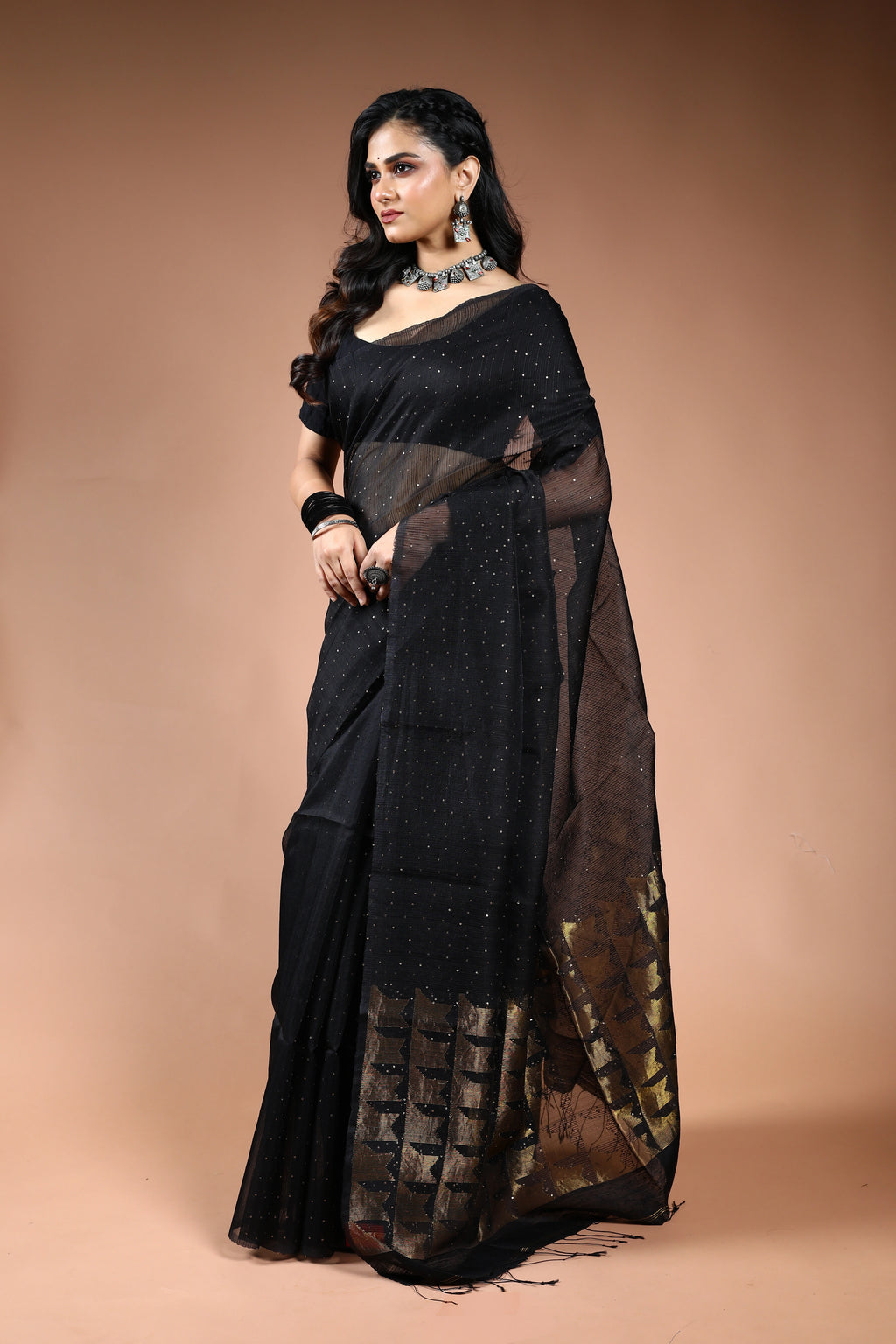 Black Muslin Sequence Work Saree with Blouse Piece