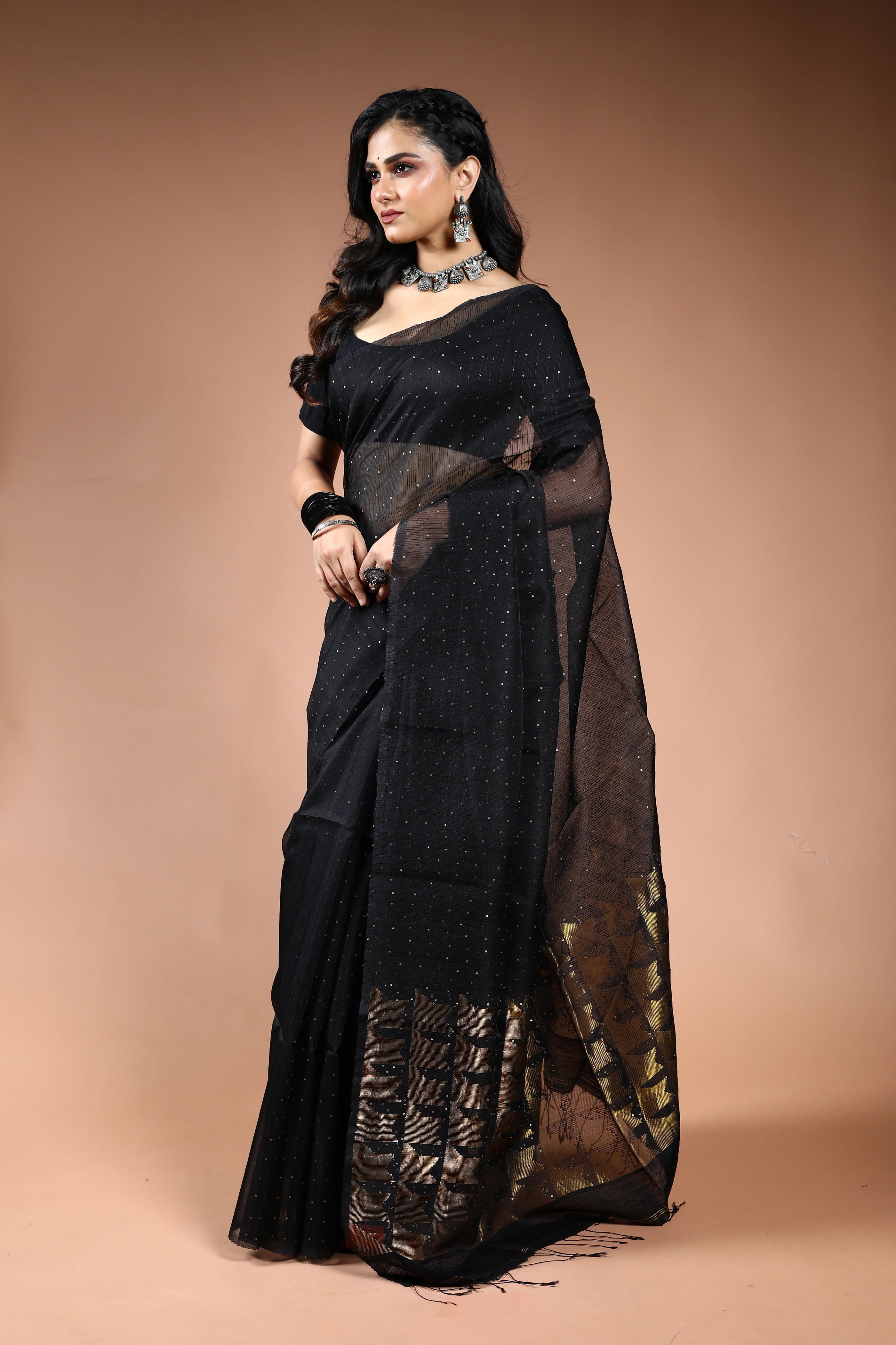 Black Muslin Sequence Work Saree with Blouse Piece