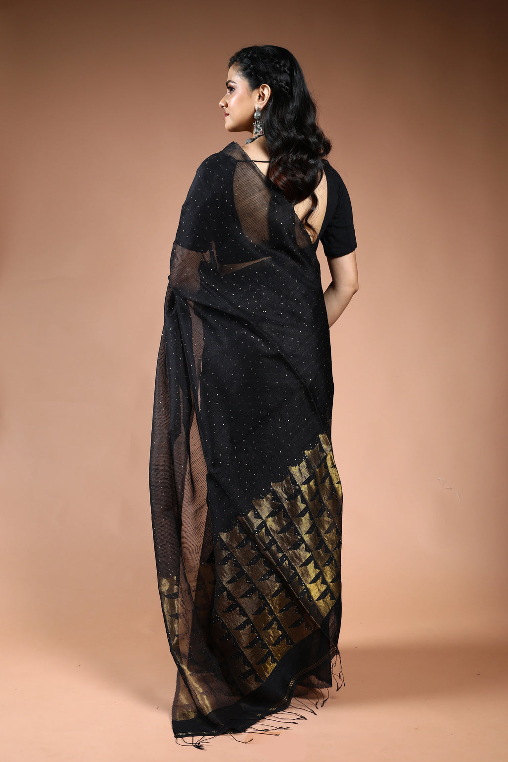 Black Muslin Sequence Work Saree with Blouse Piece