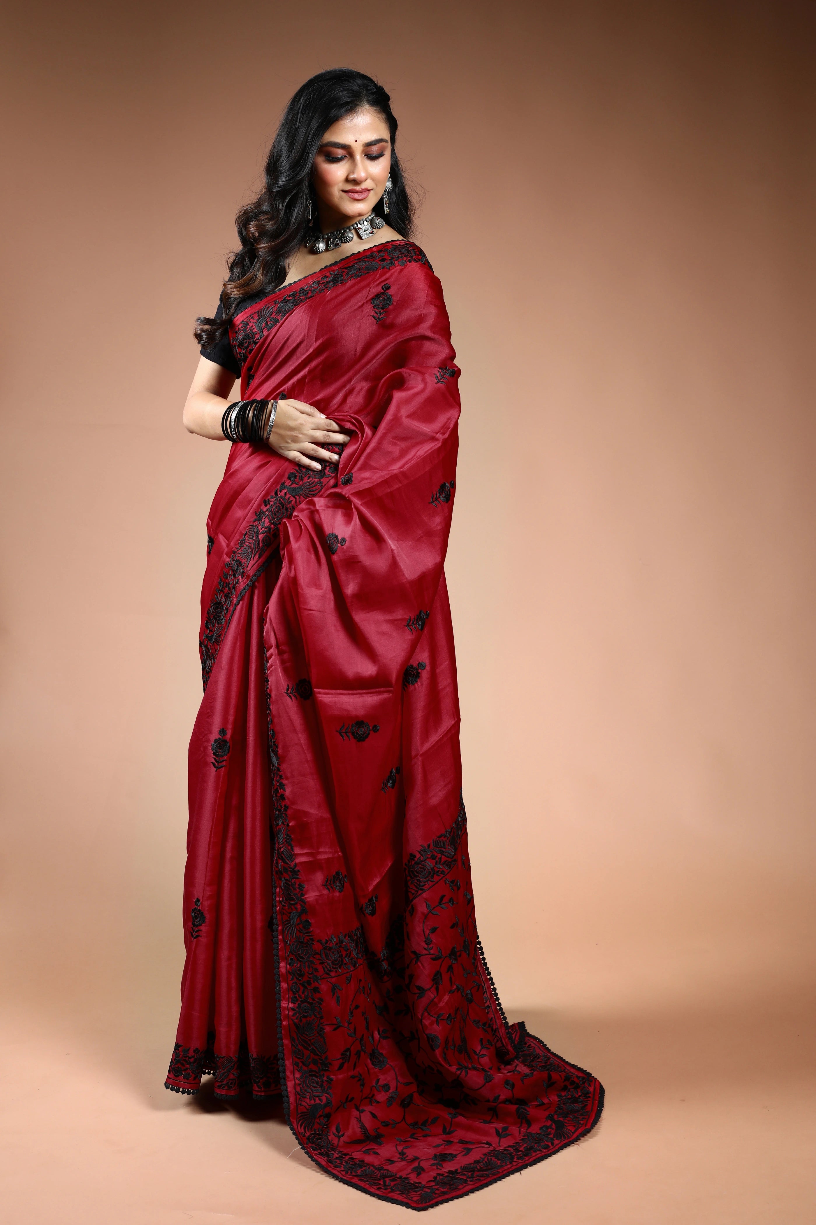 Maroon Semi Silk Parsi Saree with Blouse Piece