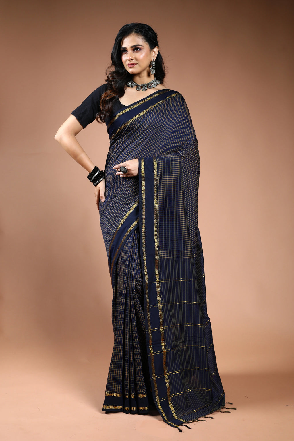 Ink Blue Semi Silk Ilkal Saree with Blouse Piece