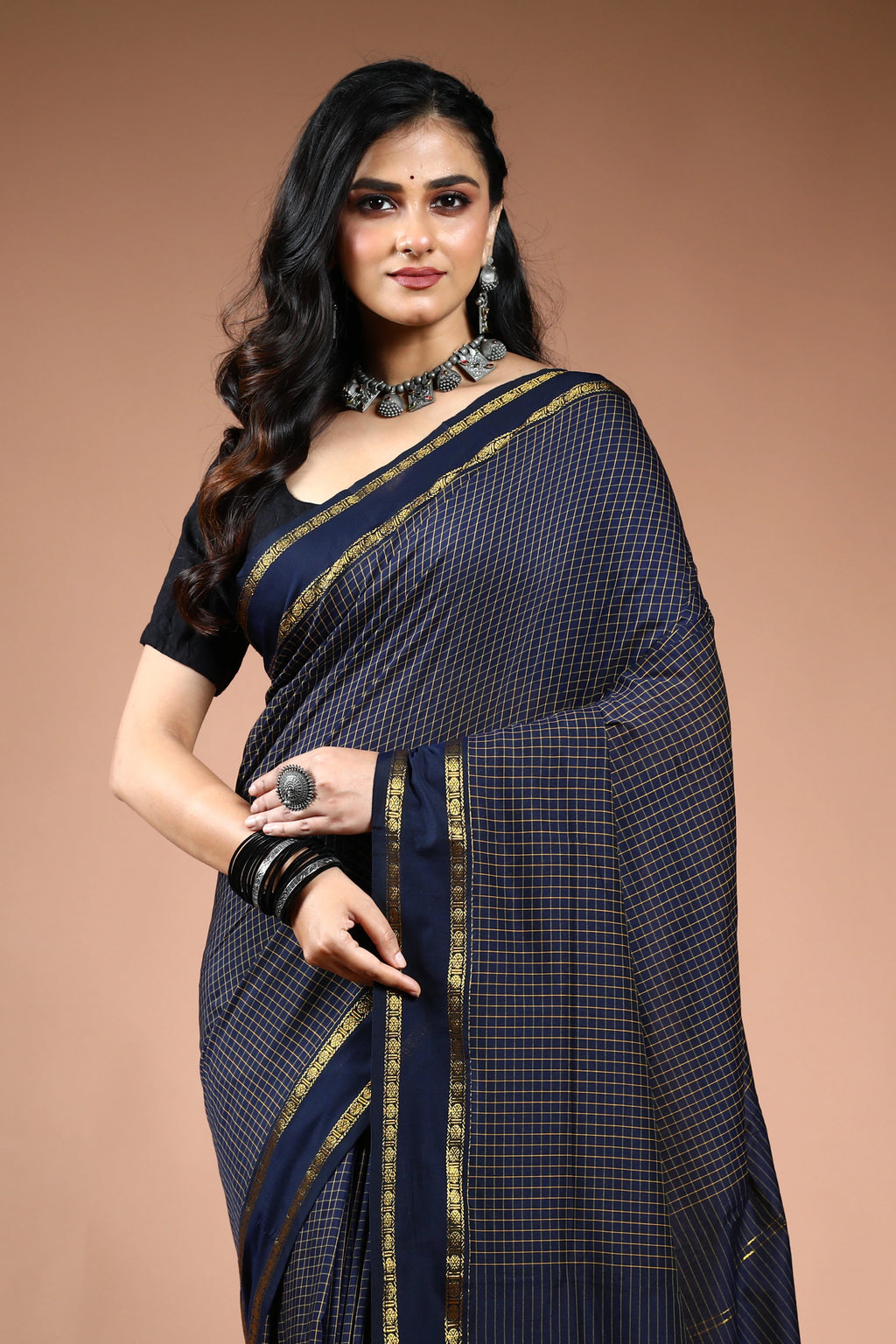Ink Blue Semi Silk Ilkal Saree with Blouse Piece