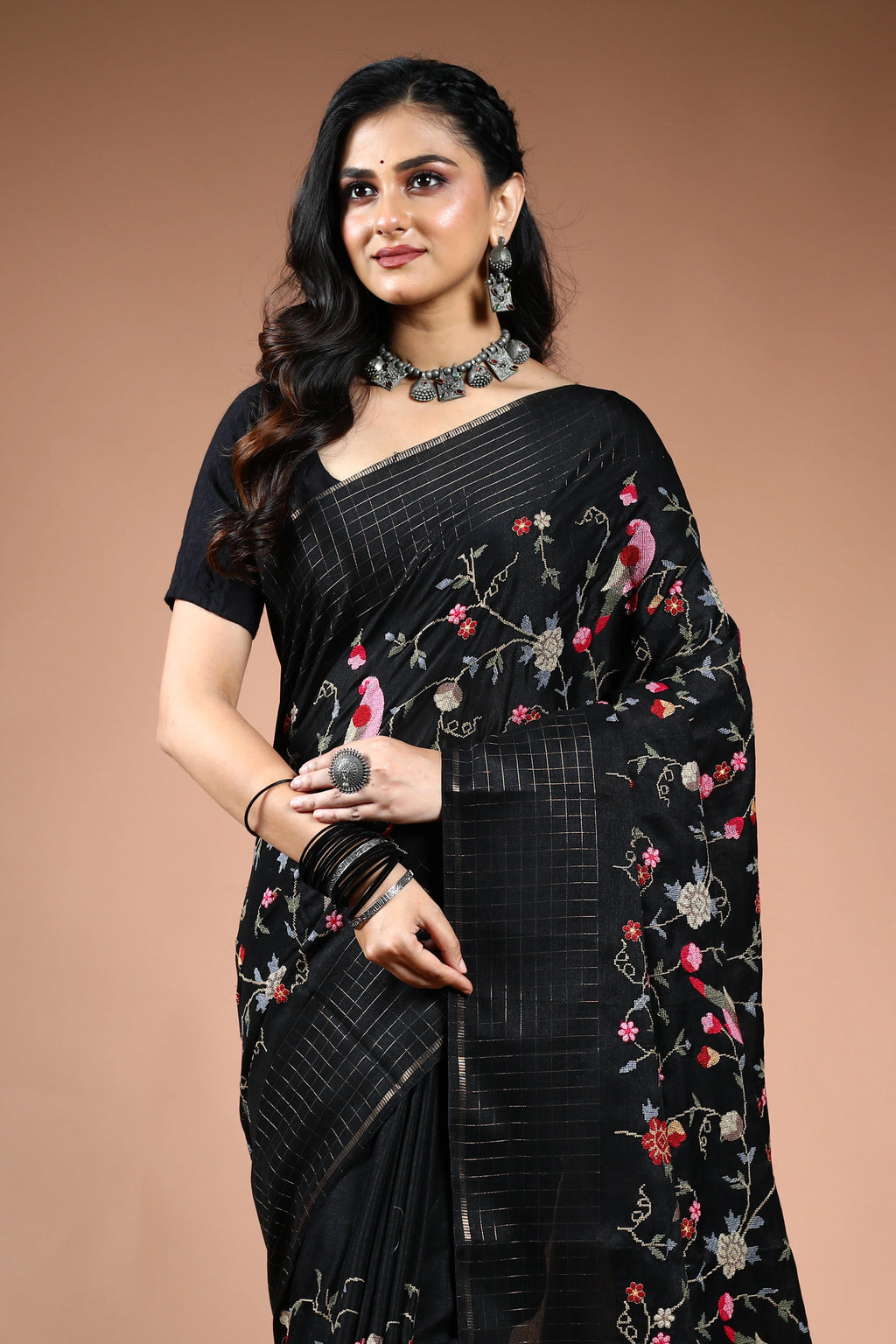Black Semi Tussar Saree with Blouse Piece