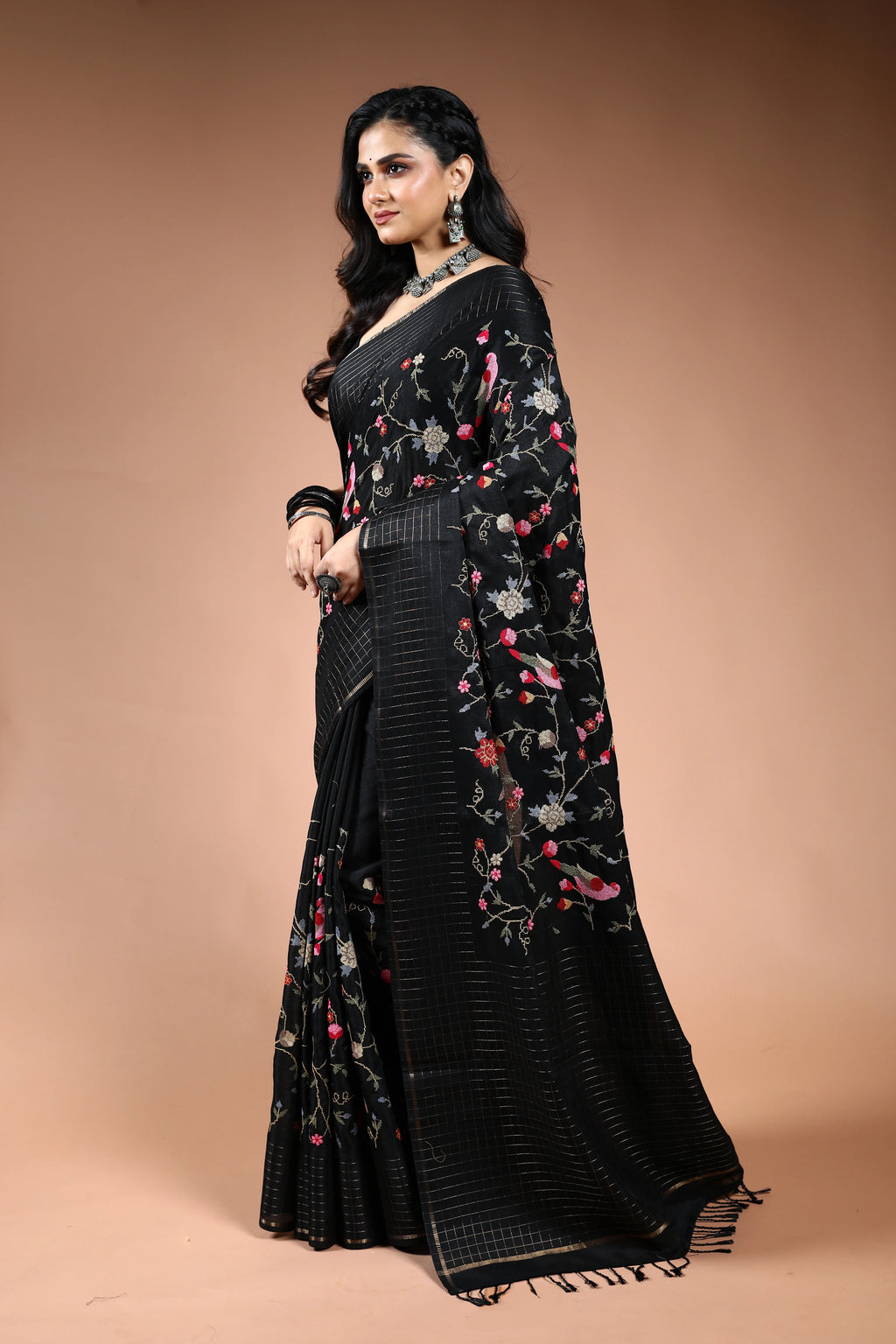 Black Semi Tussar Saree with Blouse Piece