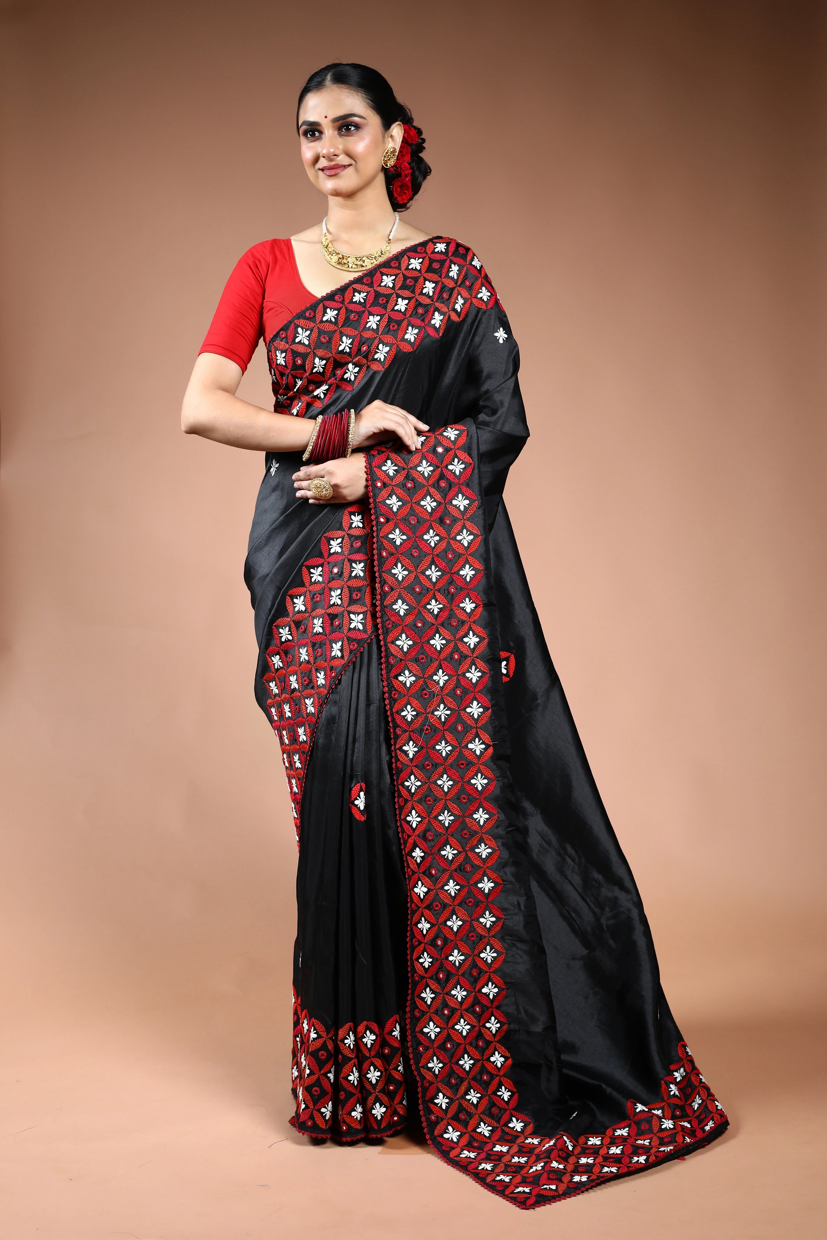 Black Silk Gujarati Saree with Blouse Piece