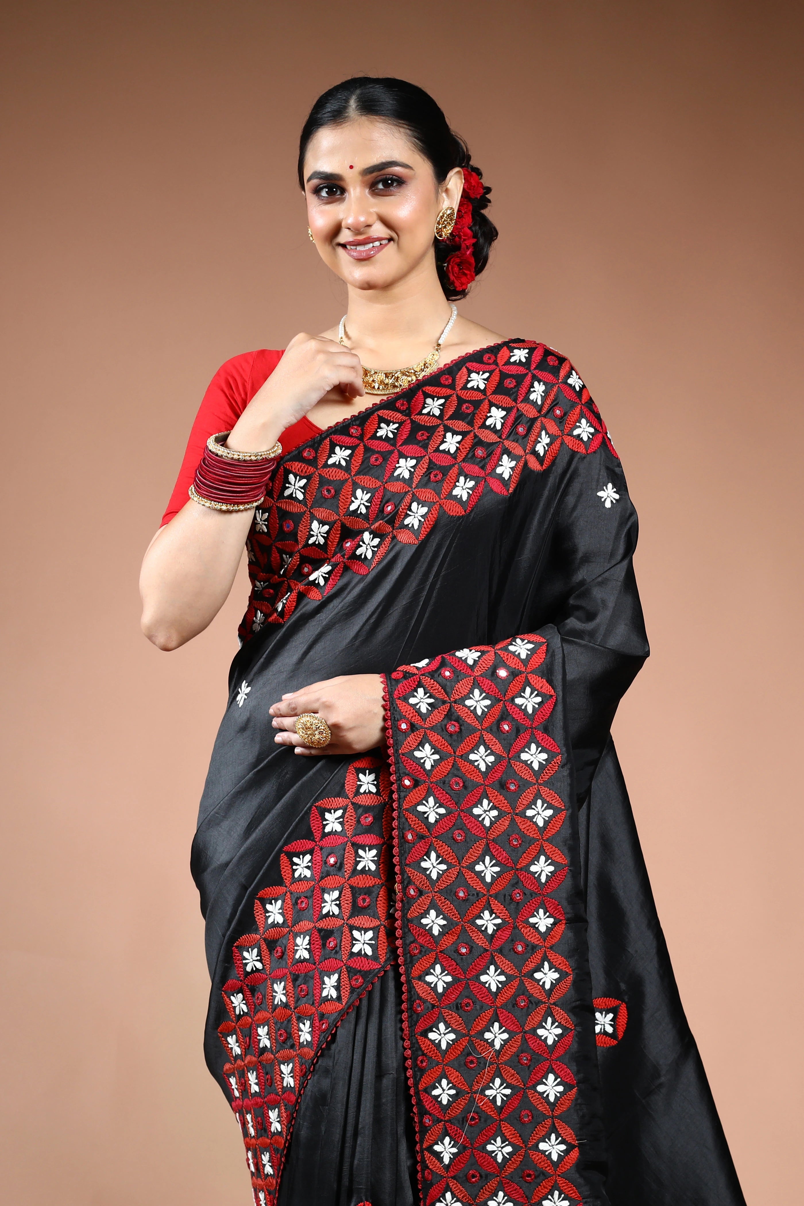 Black Silk Gujarati Saree with Blouse Piece