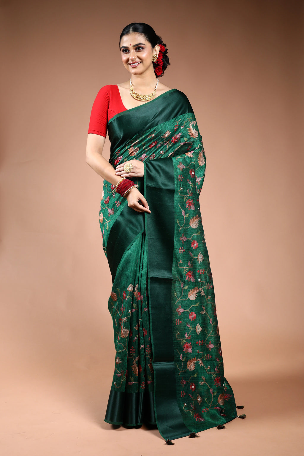 Bottle Green Semi Raw Silk Saree with Blouse Piece
