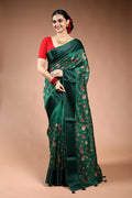 Bottle Green Semi Raw Silk Saree with Blouse Piece