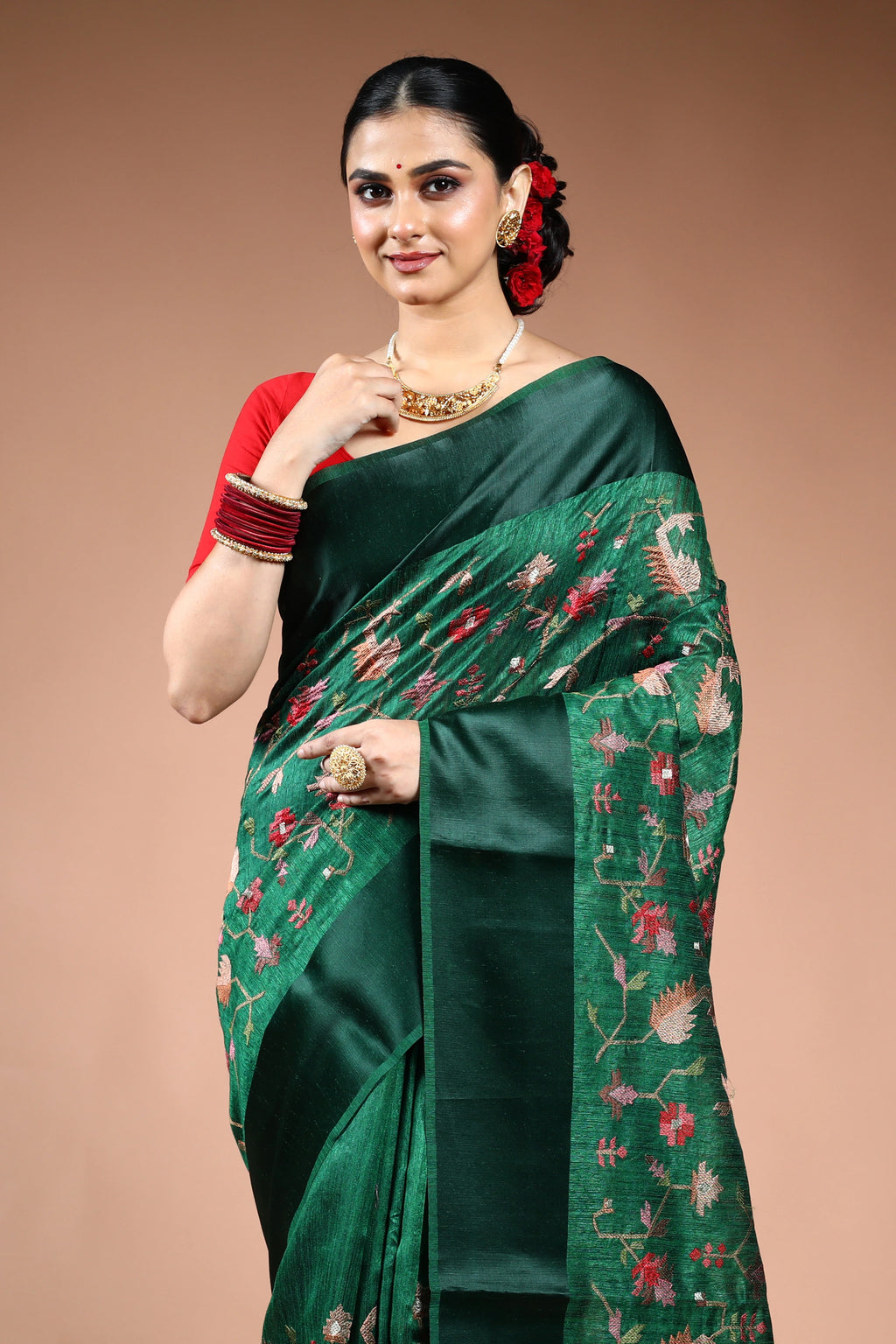 Bottle Green Semi Raw Silk Saree with Blouse Piece