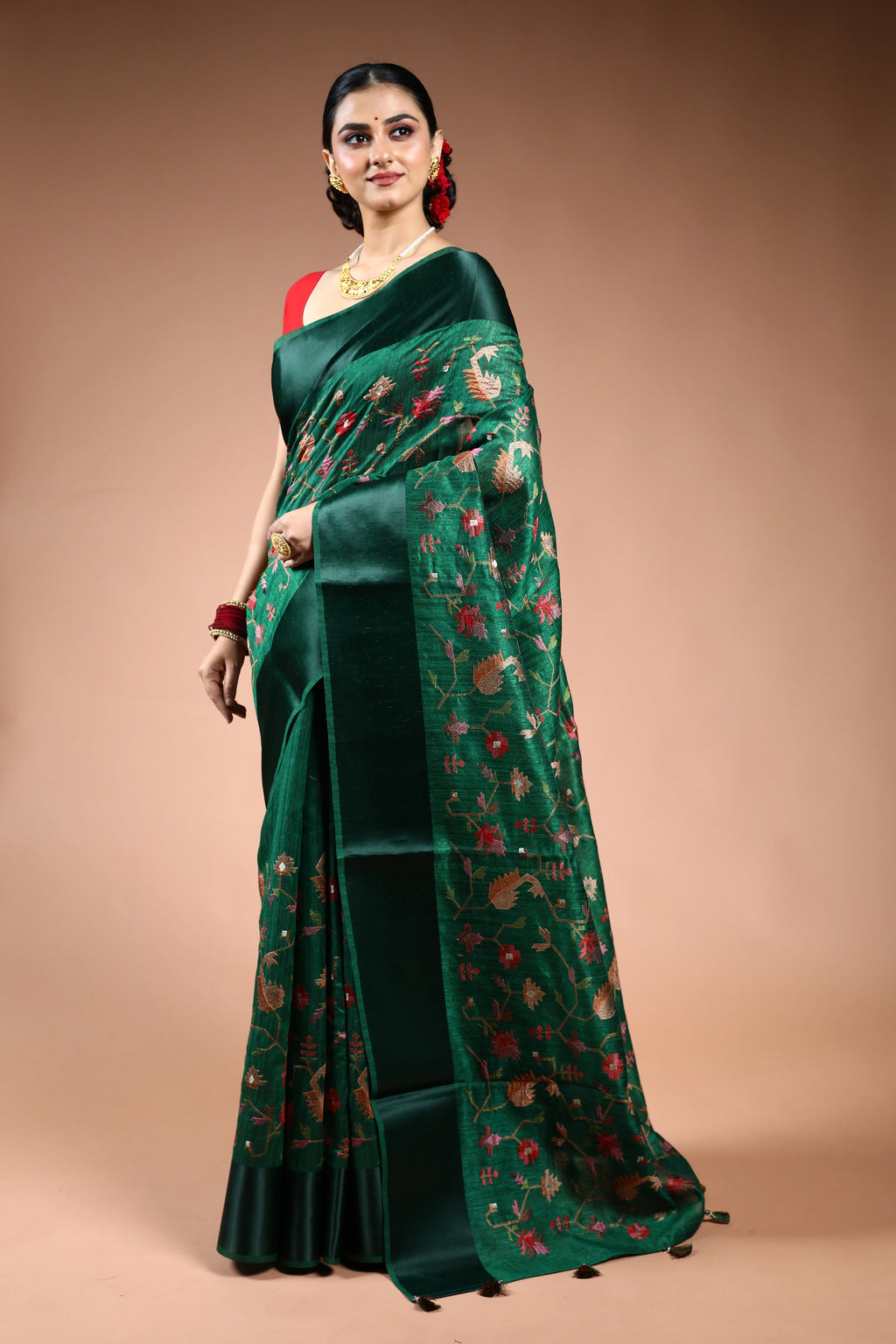 Bottle Green Semi Raw Silk Saree with Blouse Piece