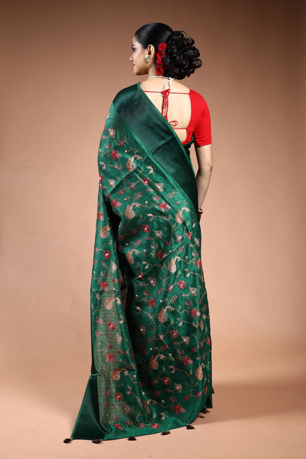 Bottle Green Semi Raw Silk Saree with Blouse Piece