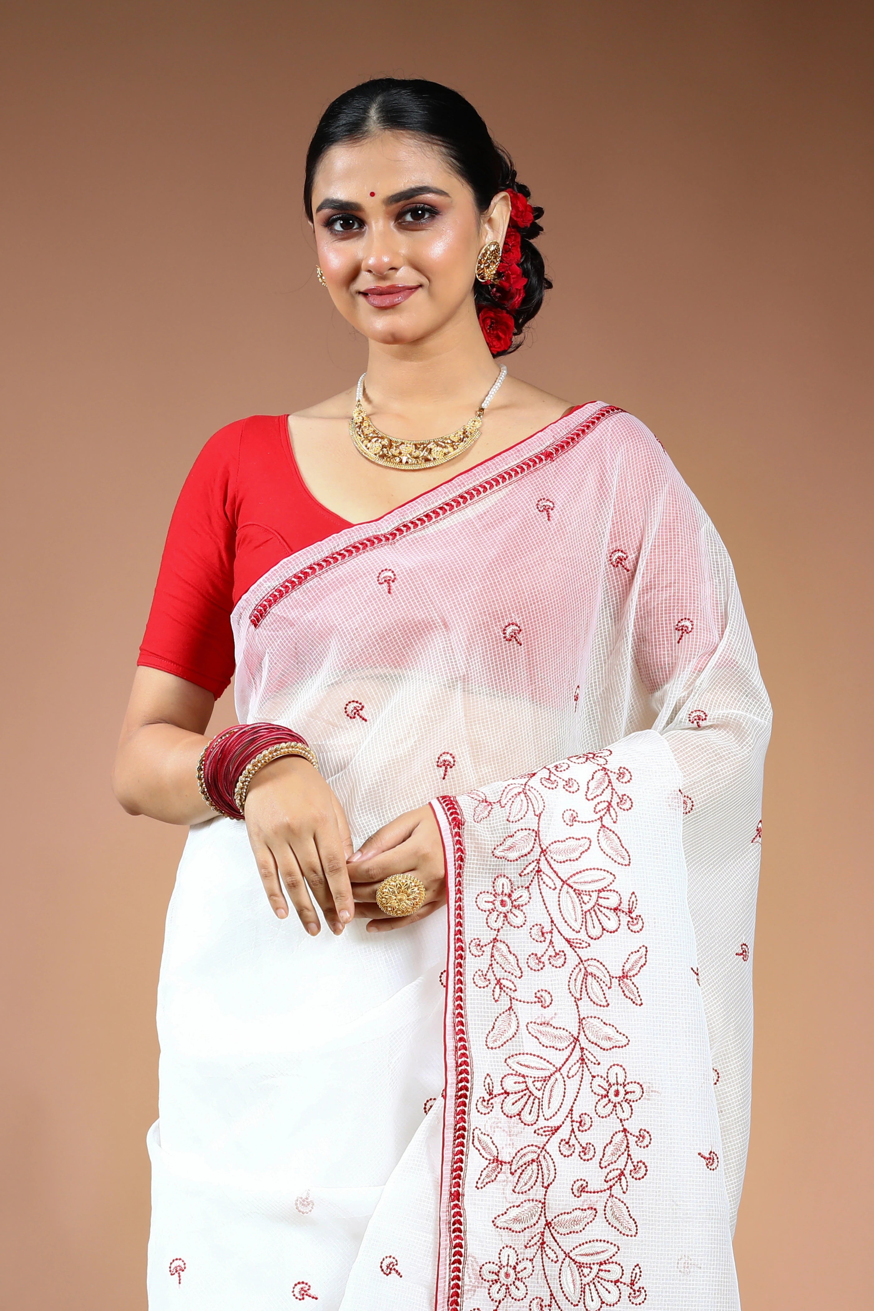 Red & White Silk Kota Saree with Blouse Piece