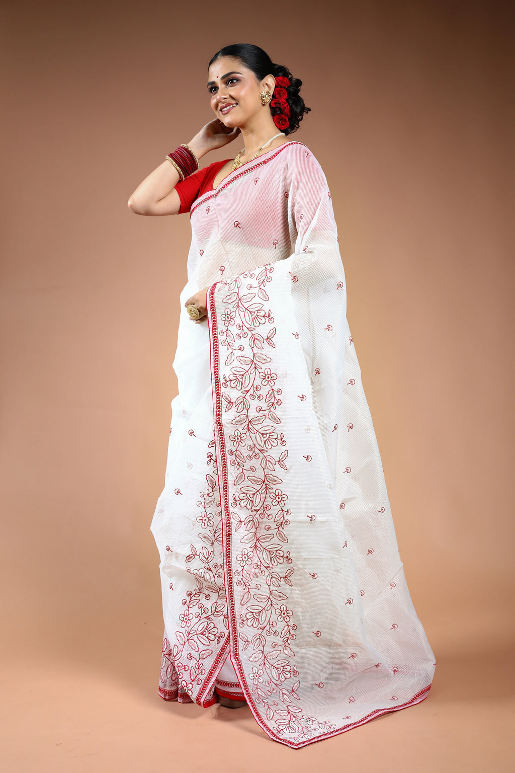 Red & White Silk Kota Saree with Blouse Piece