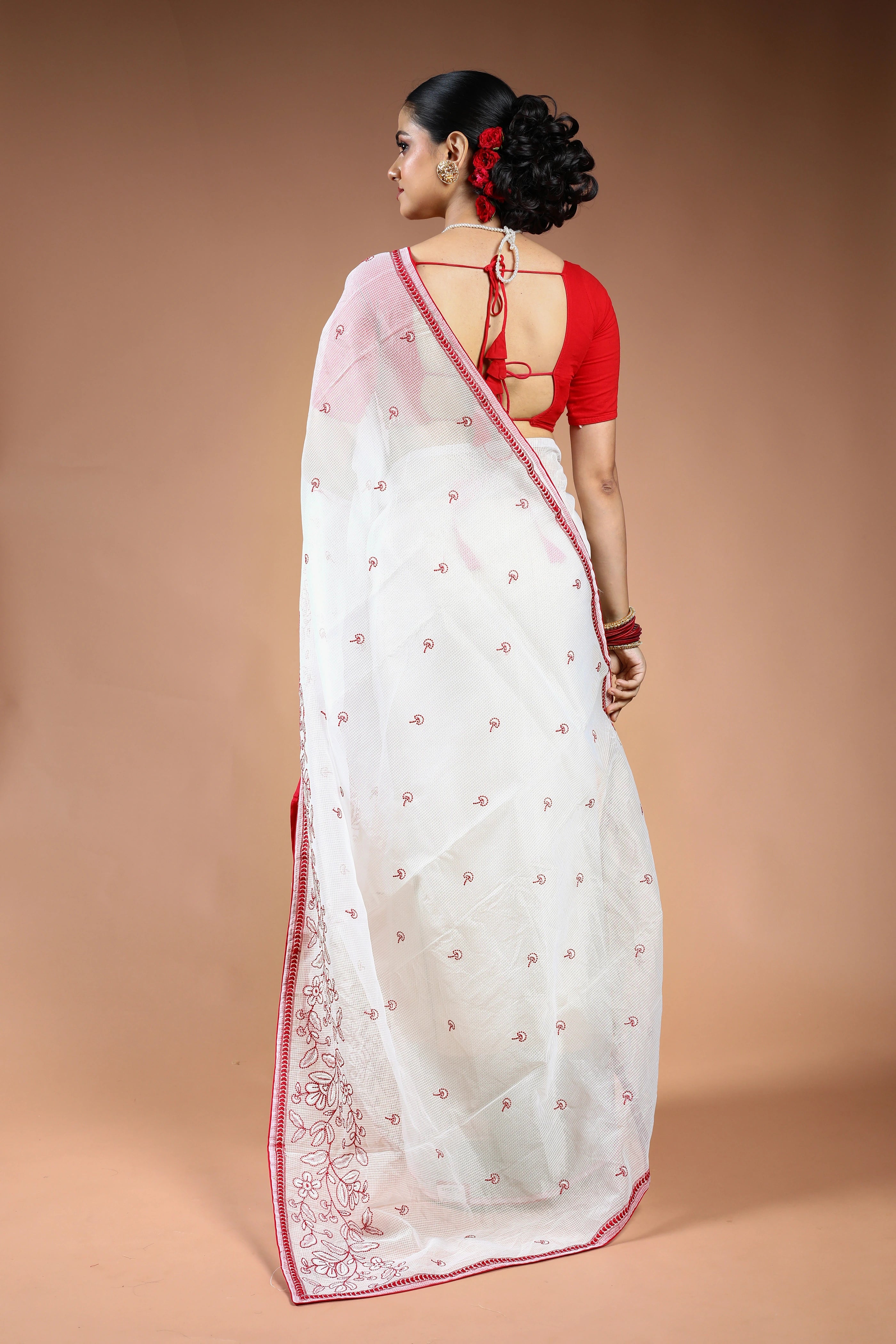 Red & White Silk Kota Saree with Blouse Piece