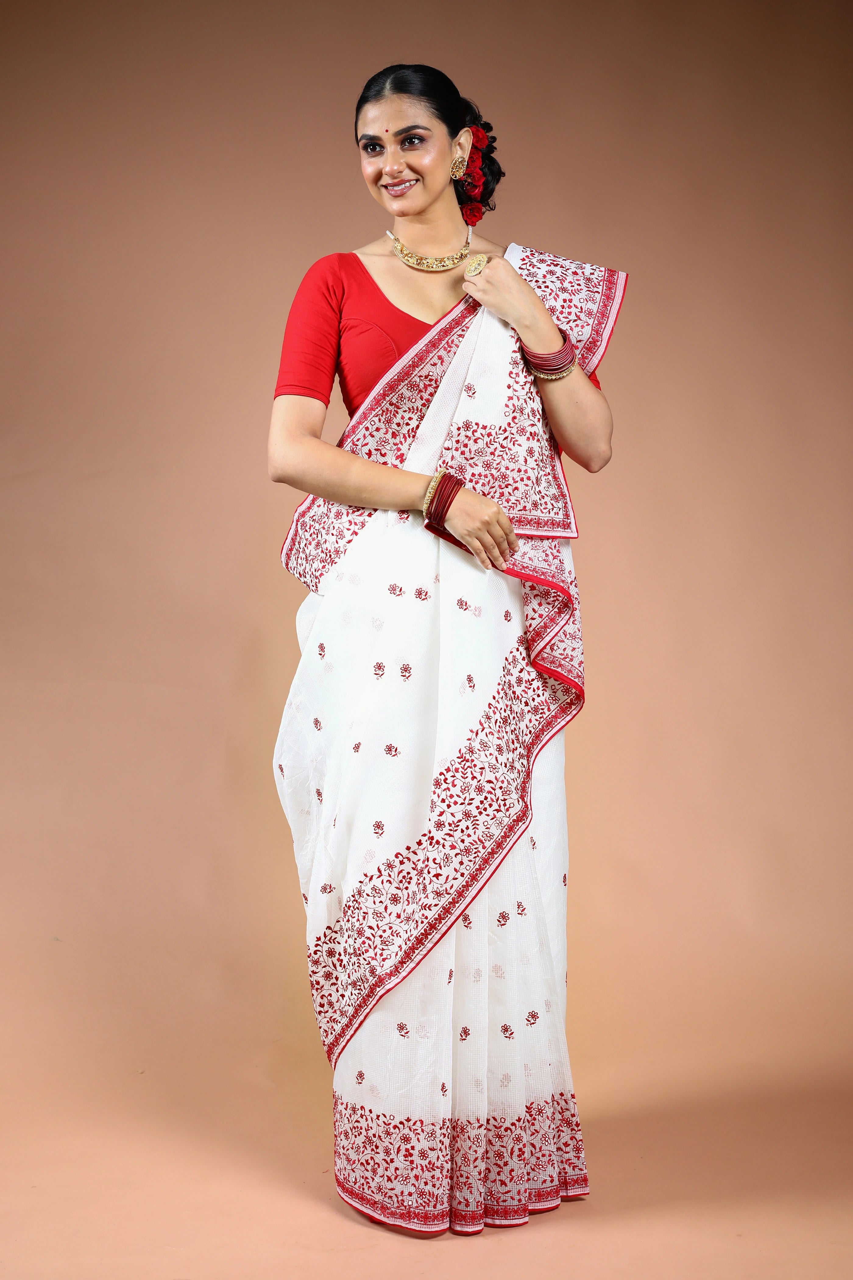 Red & White Silk Kota Saree with Blouse Piece