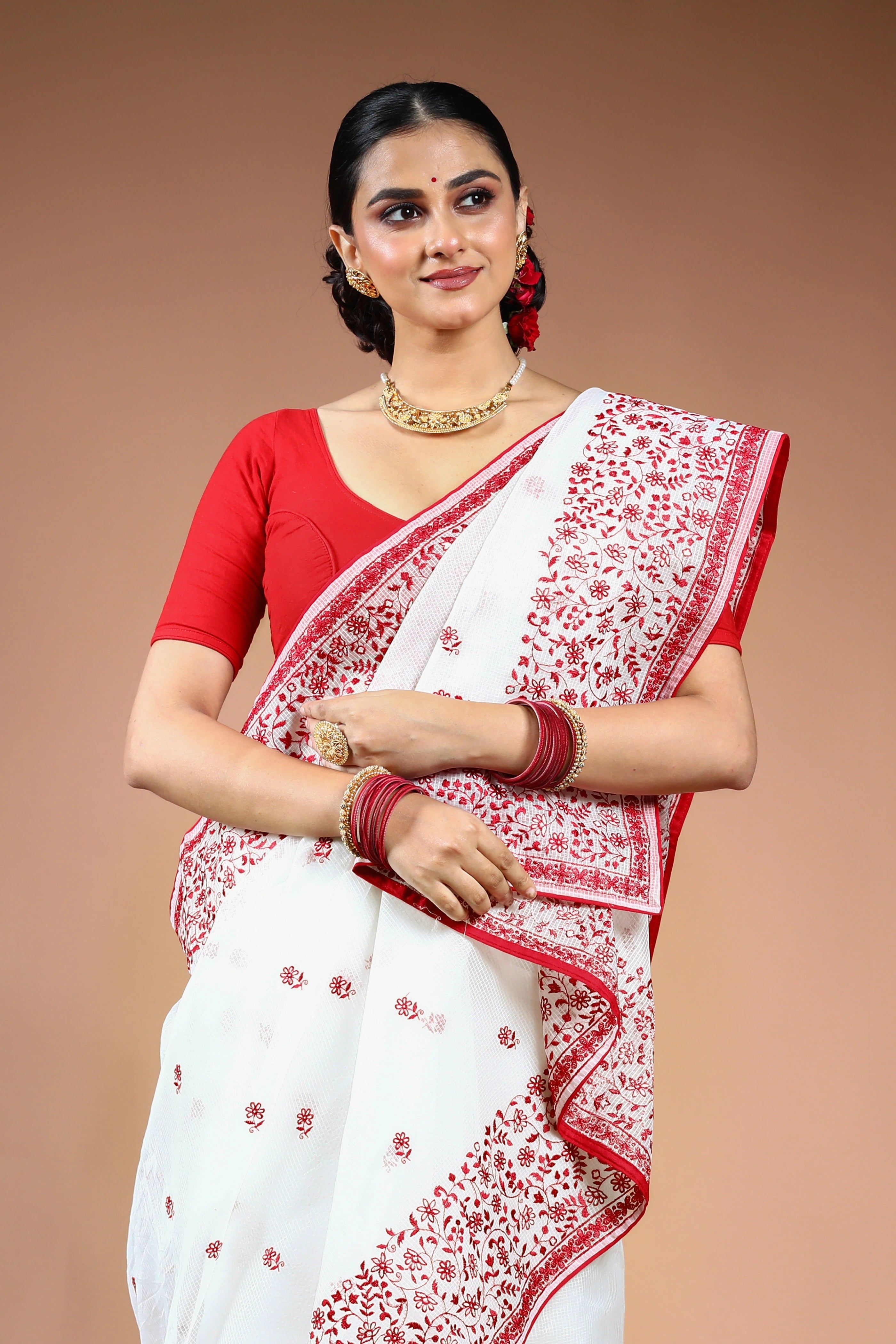 Red & White Silk Kota Saree with Blouse Piece
