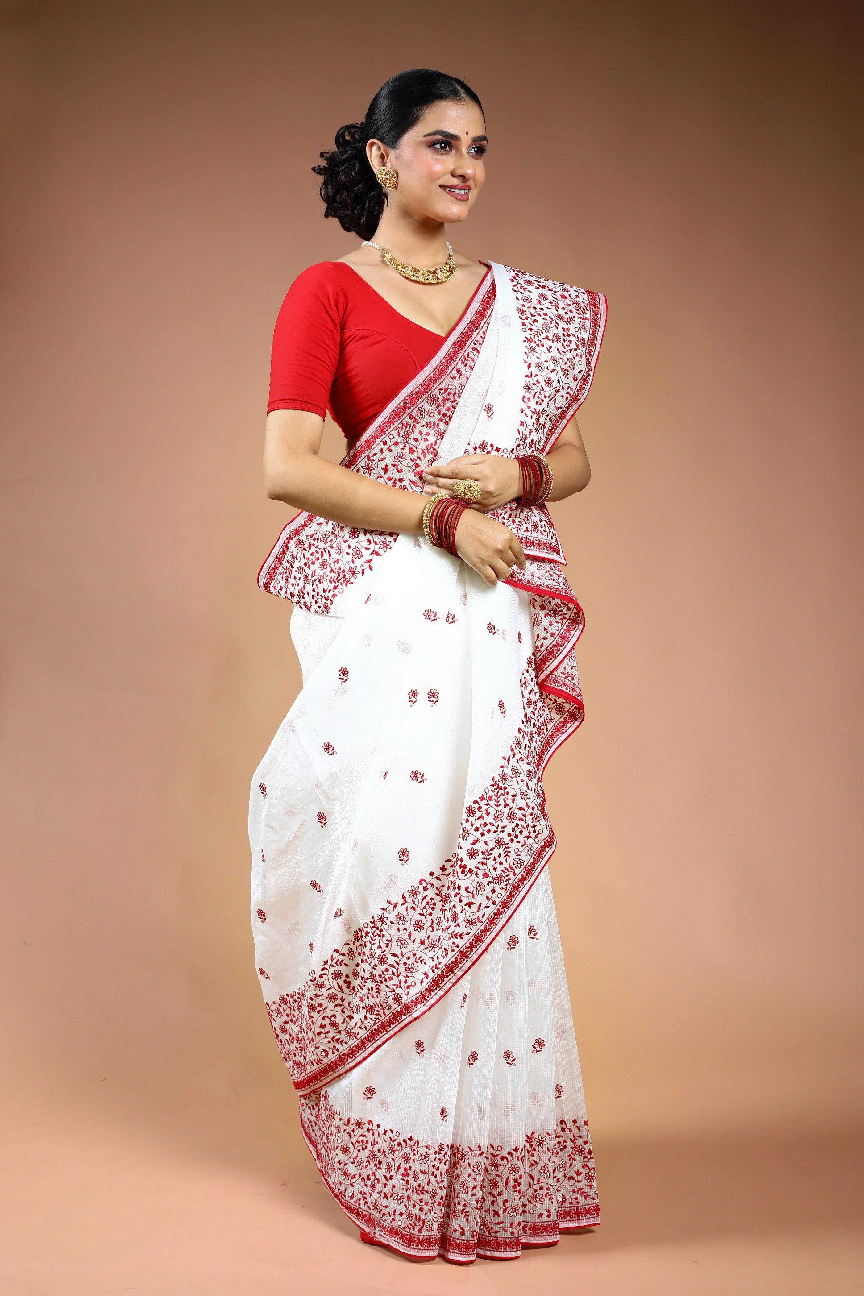 Red & White Silk Kota Saree with Blouse Piece