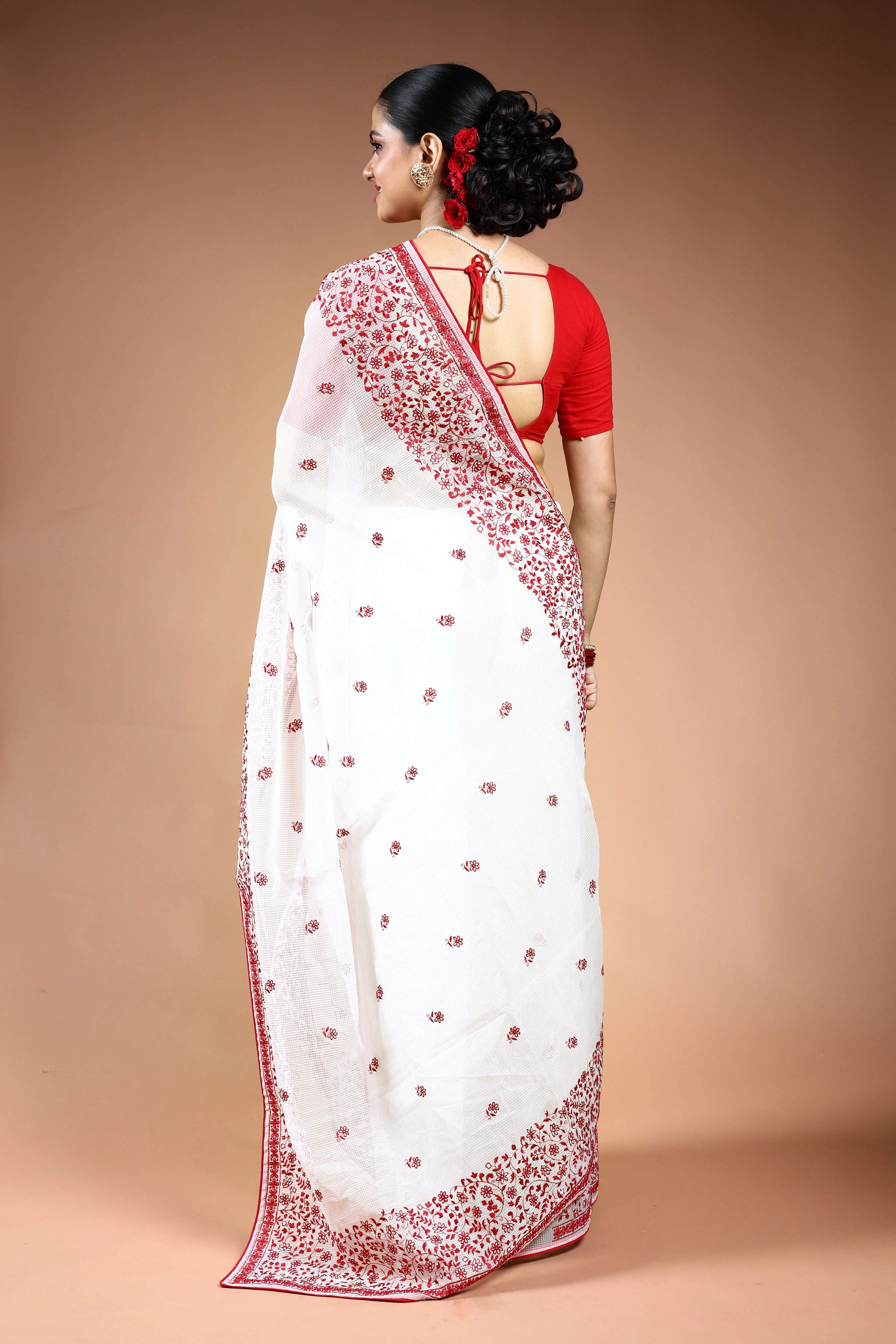 Red & White Silk Kota Saree with Blouse Piece