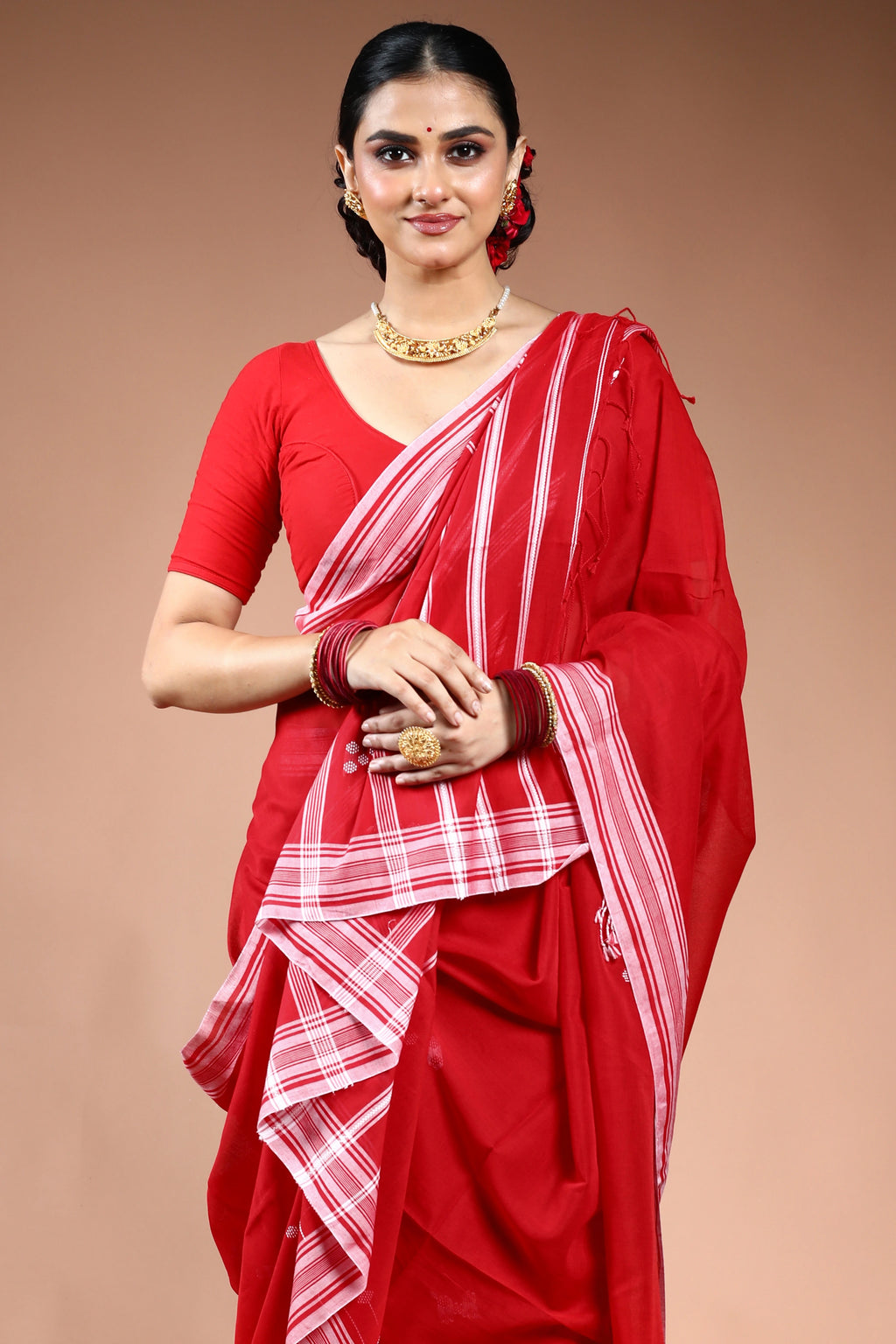 Red  Cotton Saree with Blouse Piece