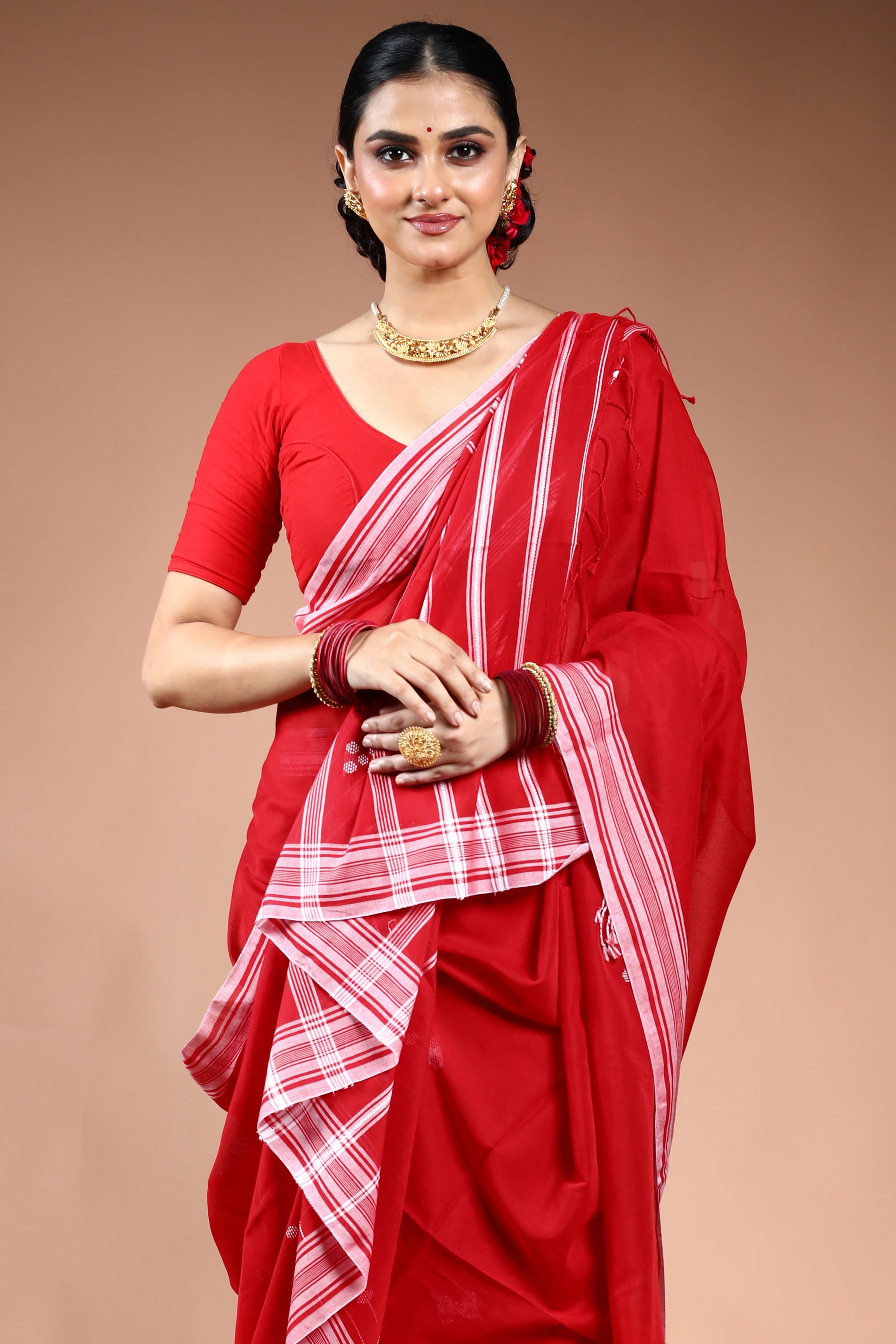 Red  Cotton Saree with Blouse Piece