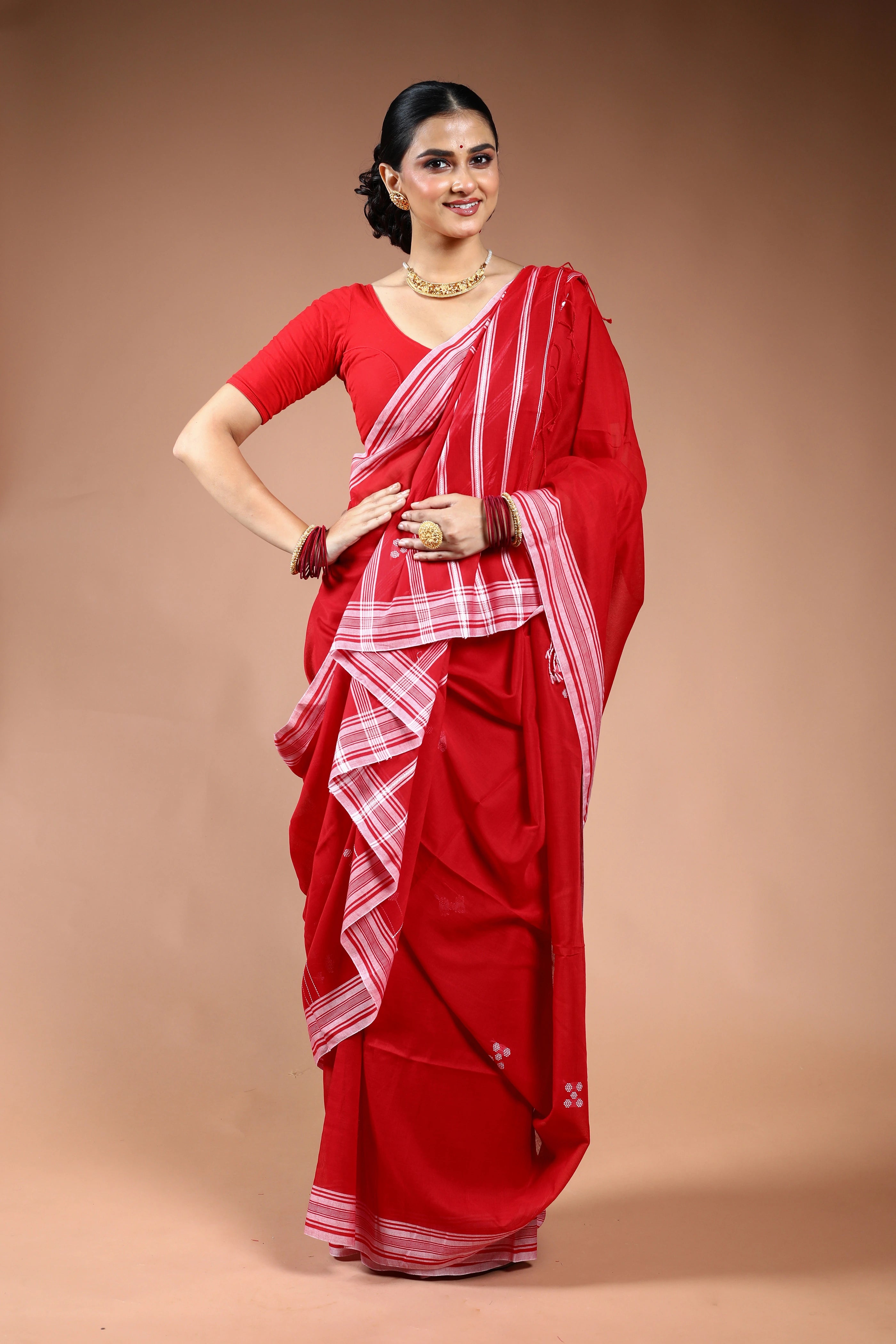 Red  Cotton Saree with Blouse Piece