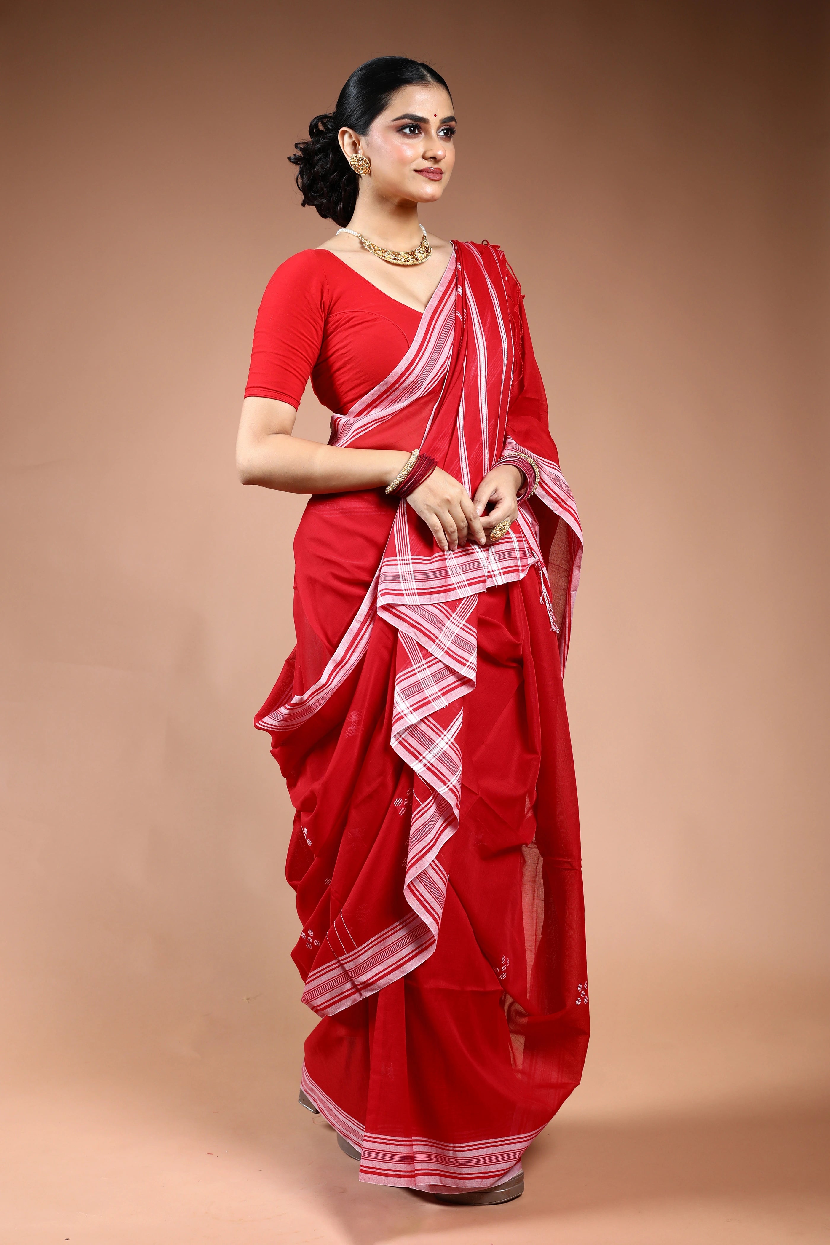 Red  Cotton Saree with Blouse Piece