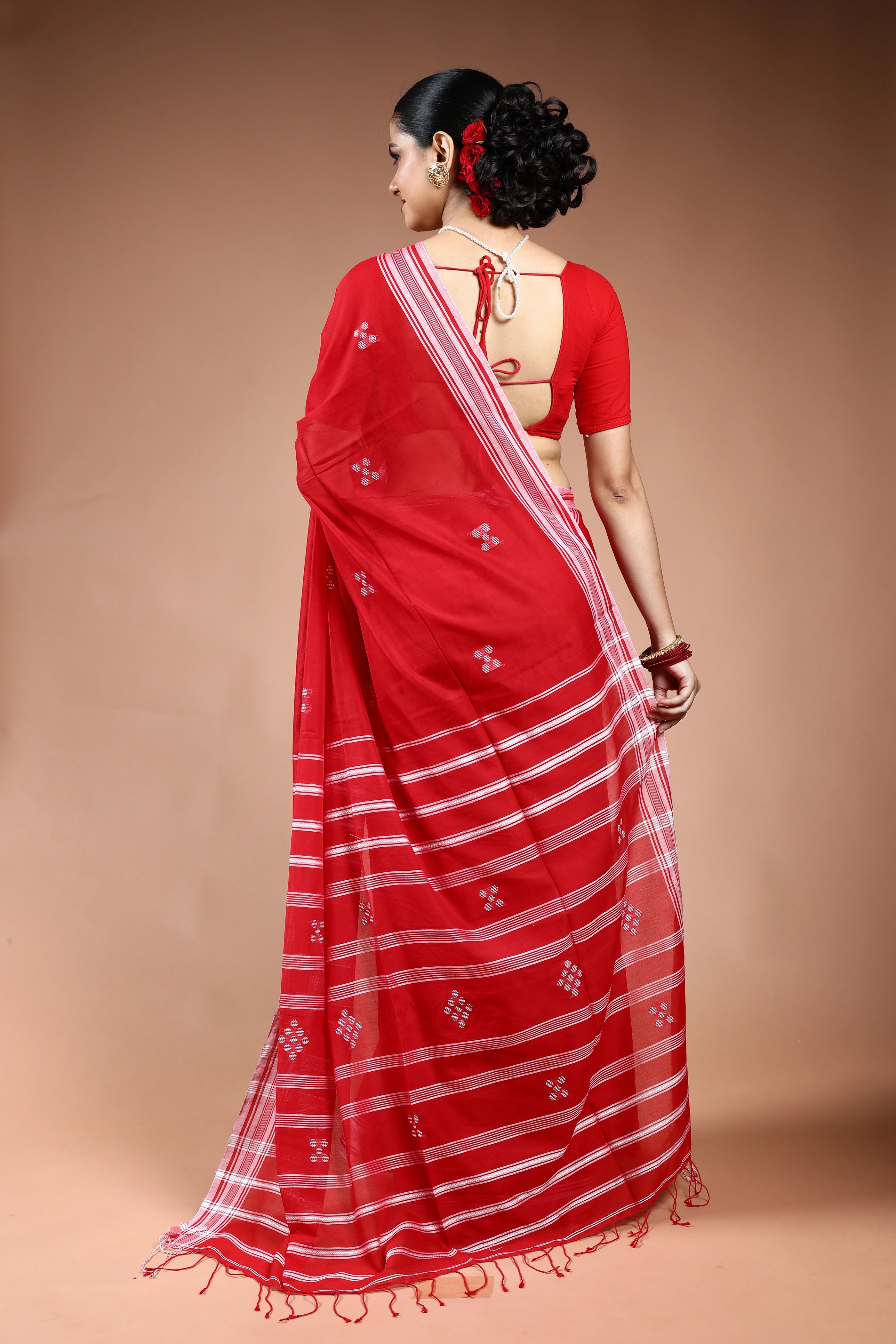 Red  Cotton Saree with Blouse Piece
