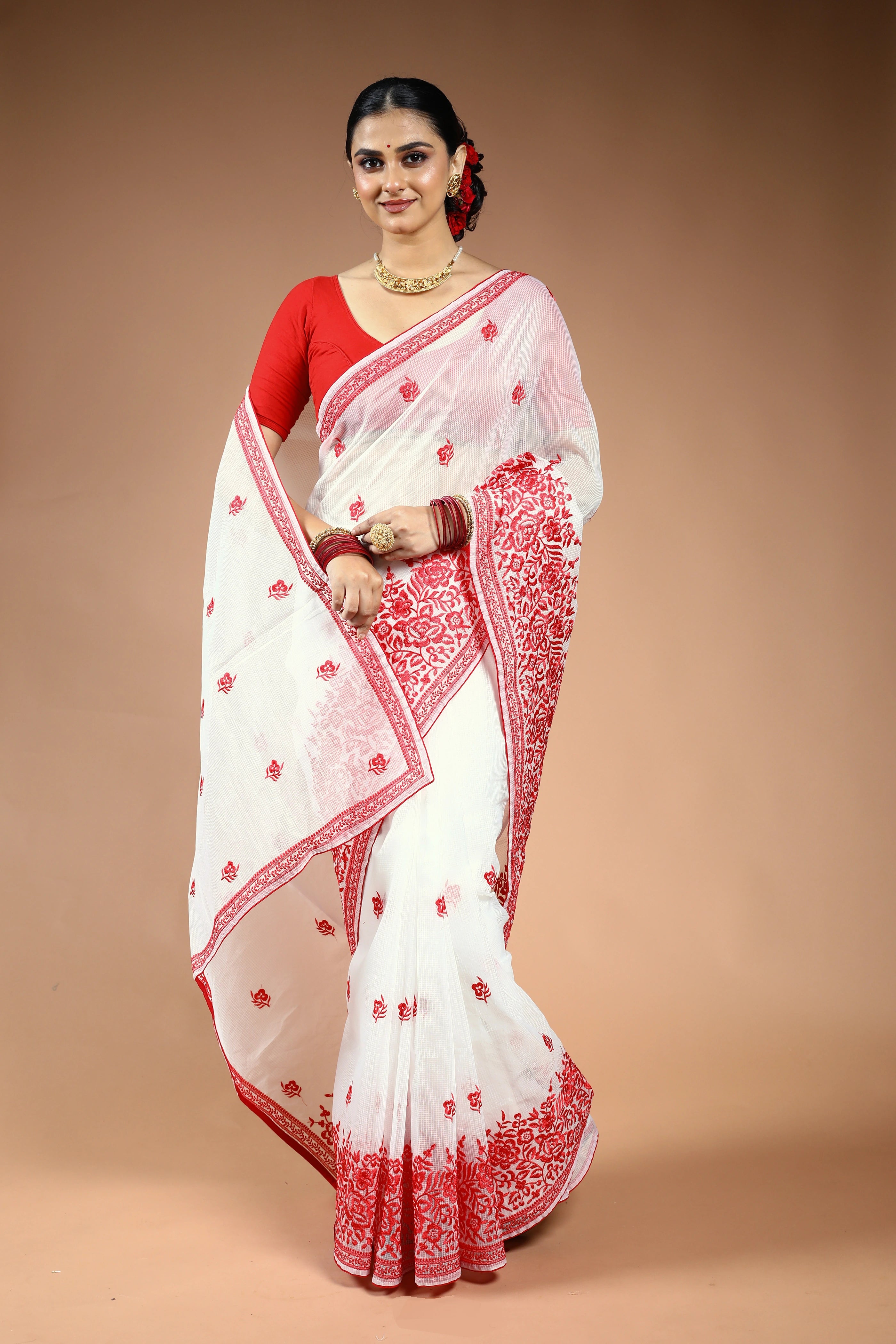 Red & White Silk Kota Saree with Blouse Piece