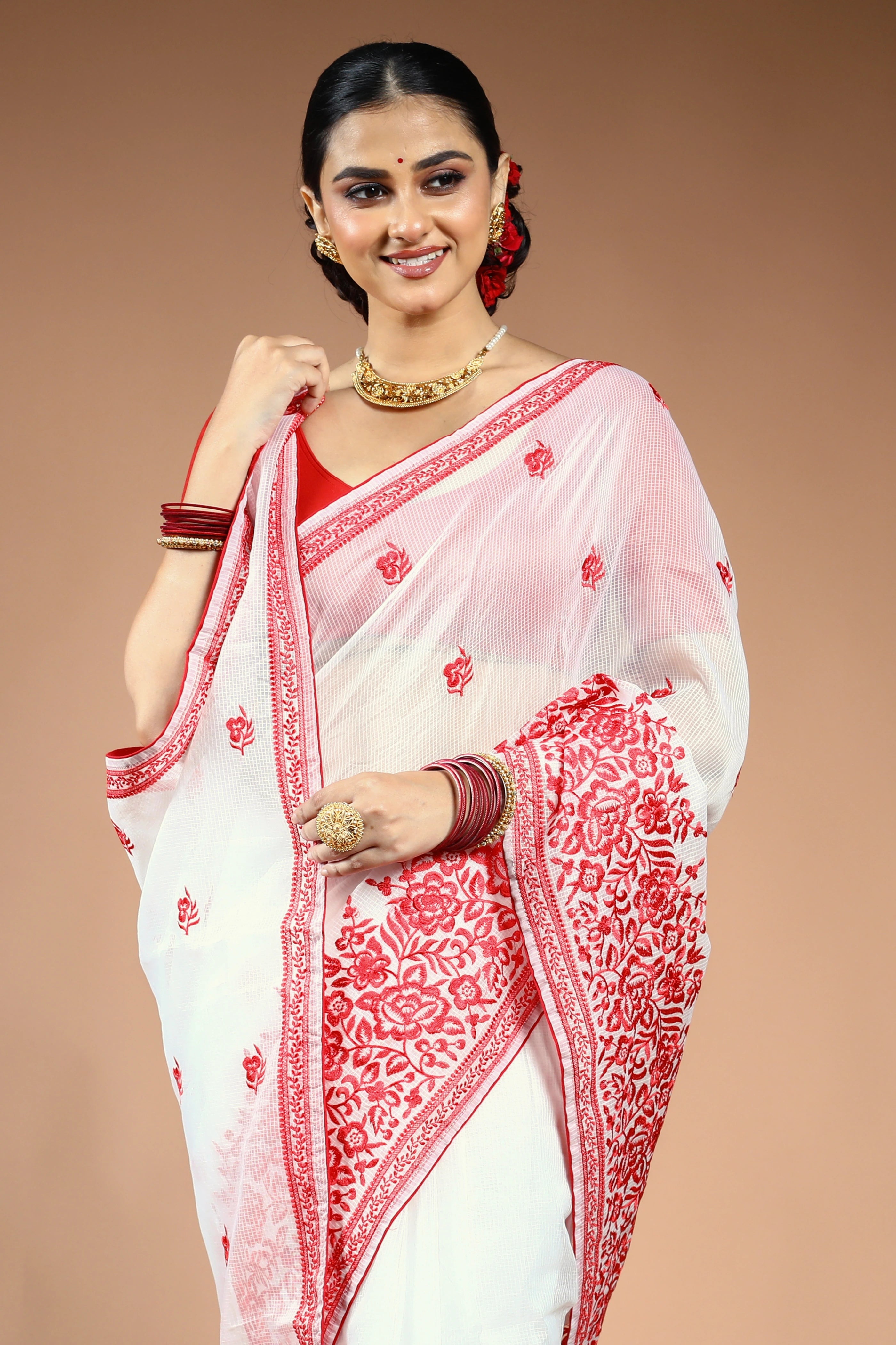 Red & White Silk Kota Saree with Blouse Piece